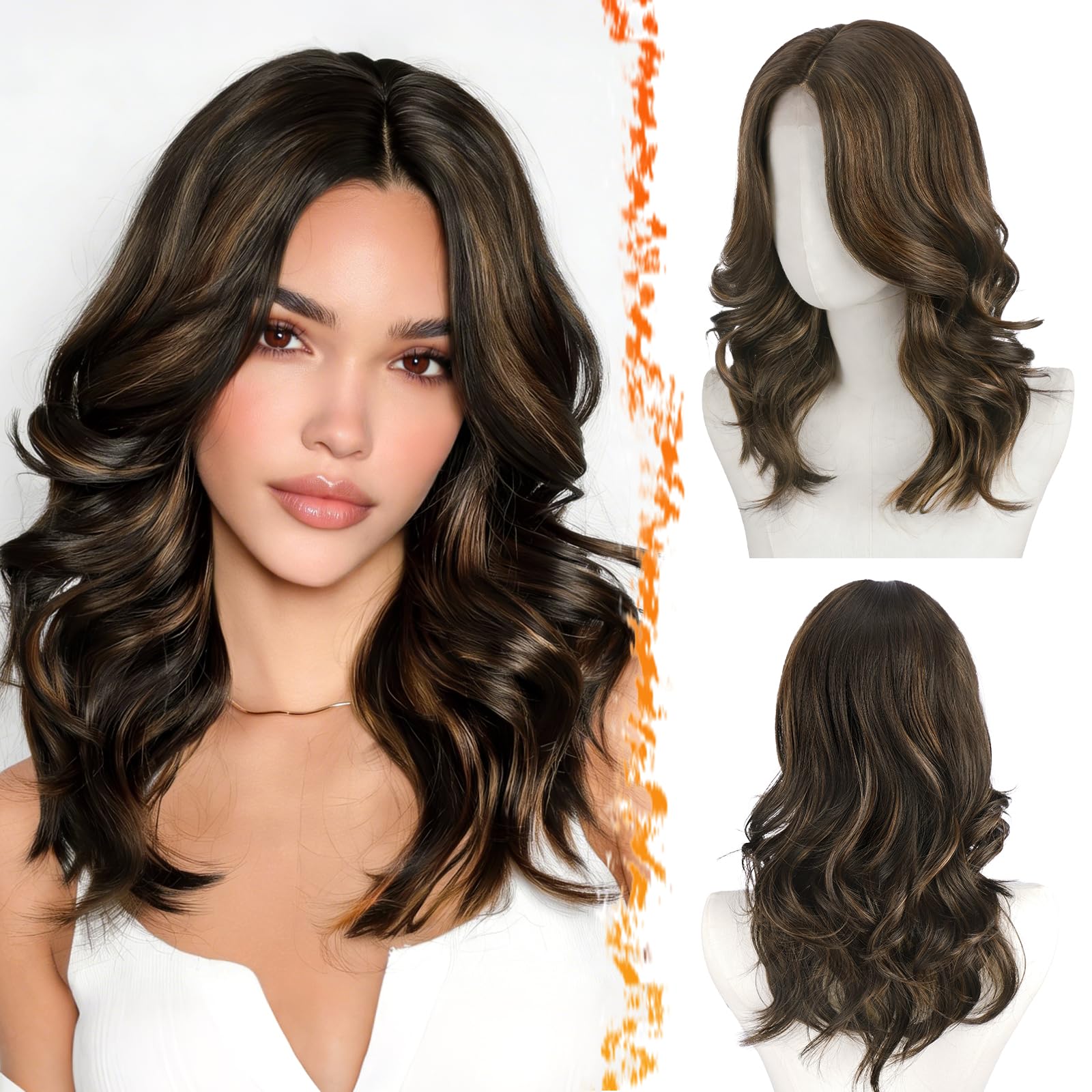 BARSDAR Short Wavy Brown Ombre Layered Wig - Shoulder Length Wavy Brown Wigs for Women - Short Loose Wave Textured Layered Wig with Face-Framing Curtain Bangs Soft Synthetic Natural Looking Daily — view 9