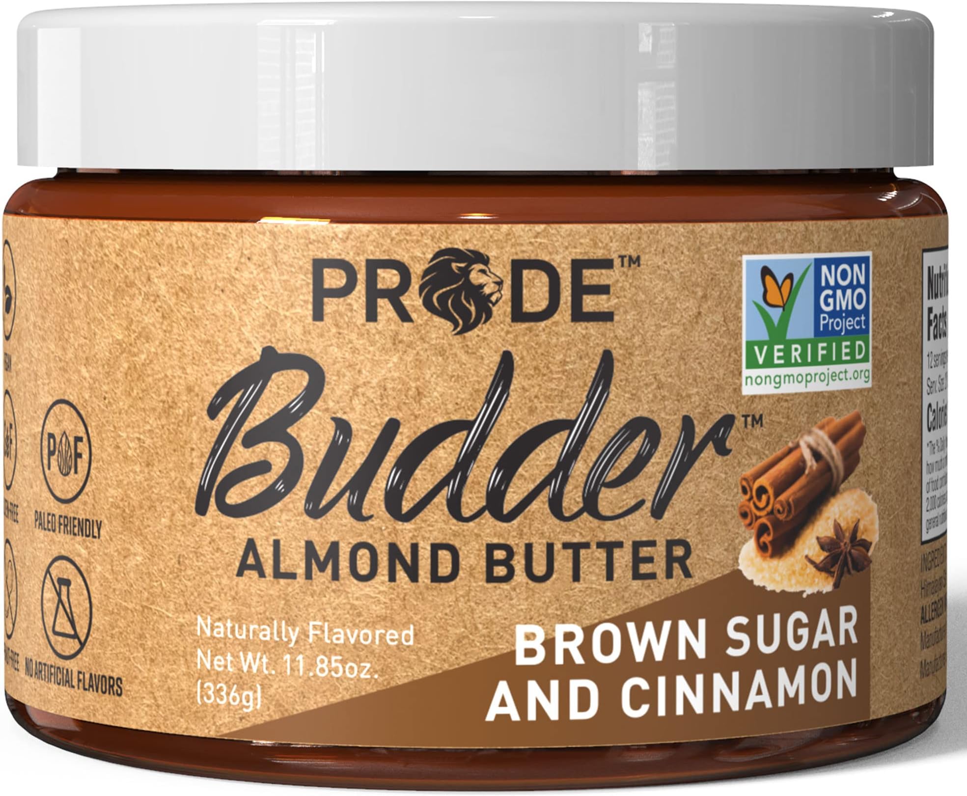 Pride Foods Budder Clean Gourmet Almond Butter, Paleo, Keto, Gluten-Free, Vegan, Peanut-Free, Non-GMO, No Artificial Flavors, Perfect for Spreads, Snacks, & Sandwiches, 11.85 oz, Brown Sugar Cinnamon
