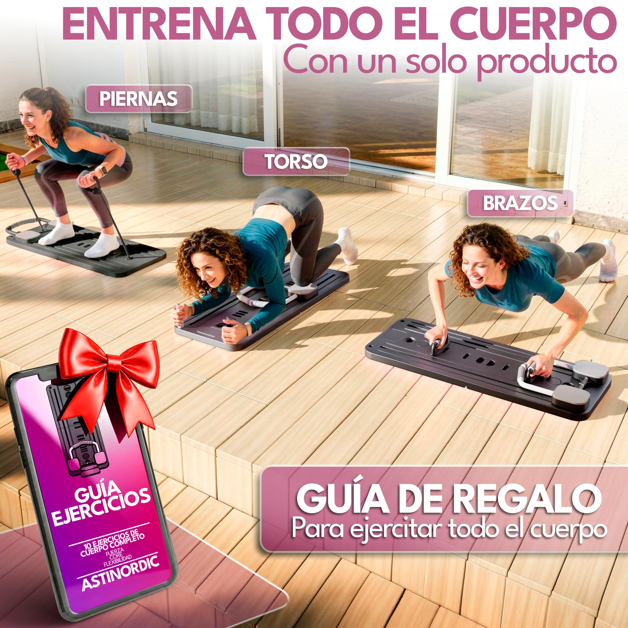 Pilates Reformer Plegable con Accesorios + Guía de 10 Ejercicios, Pilates Board para Casa, Tabla Pilates Multifuncional, Mini Reformer Pilates, Máquina Pilates Home Gym