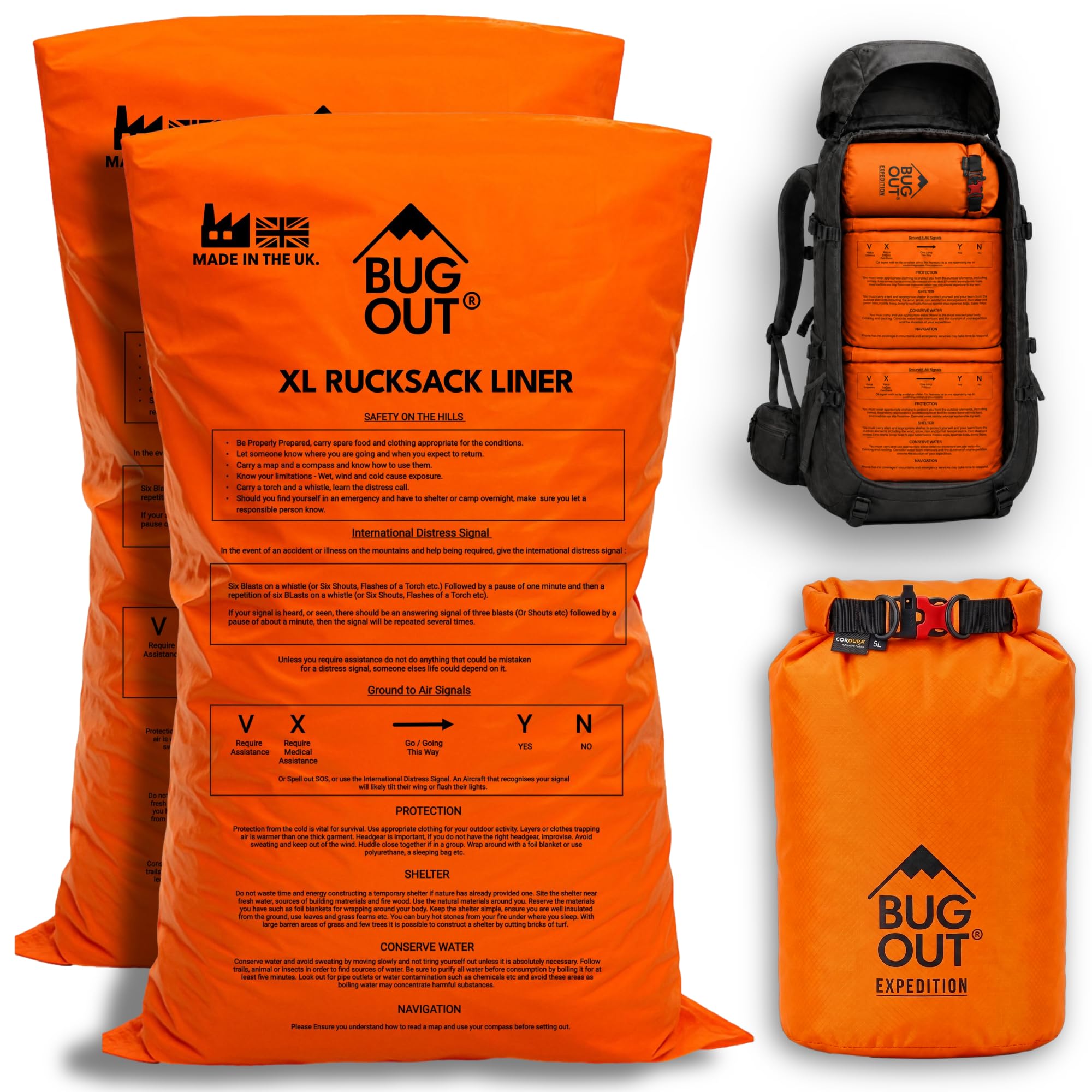 BUG OUT Total Waterproofing Kit with 2 XL Rucksack Liners 90x55cm, 5L Ultralight Dry Bag, 120 Microns Thick, EPDM Bands, Emergency Whistle