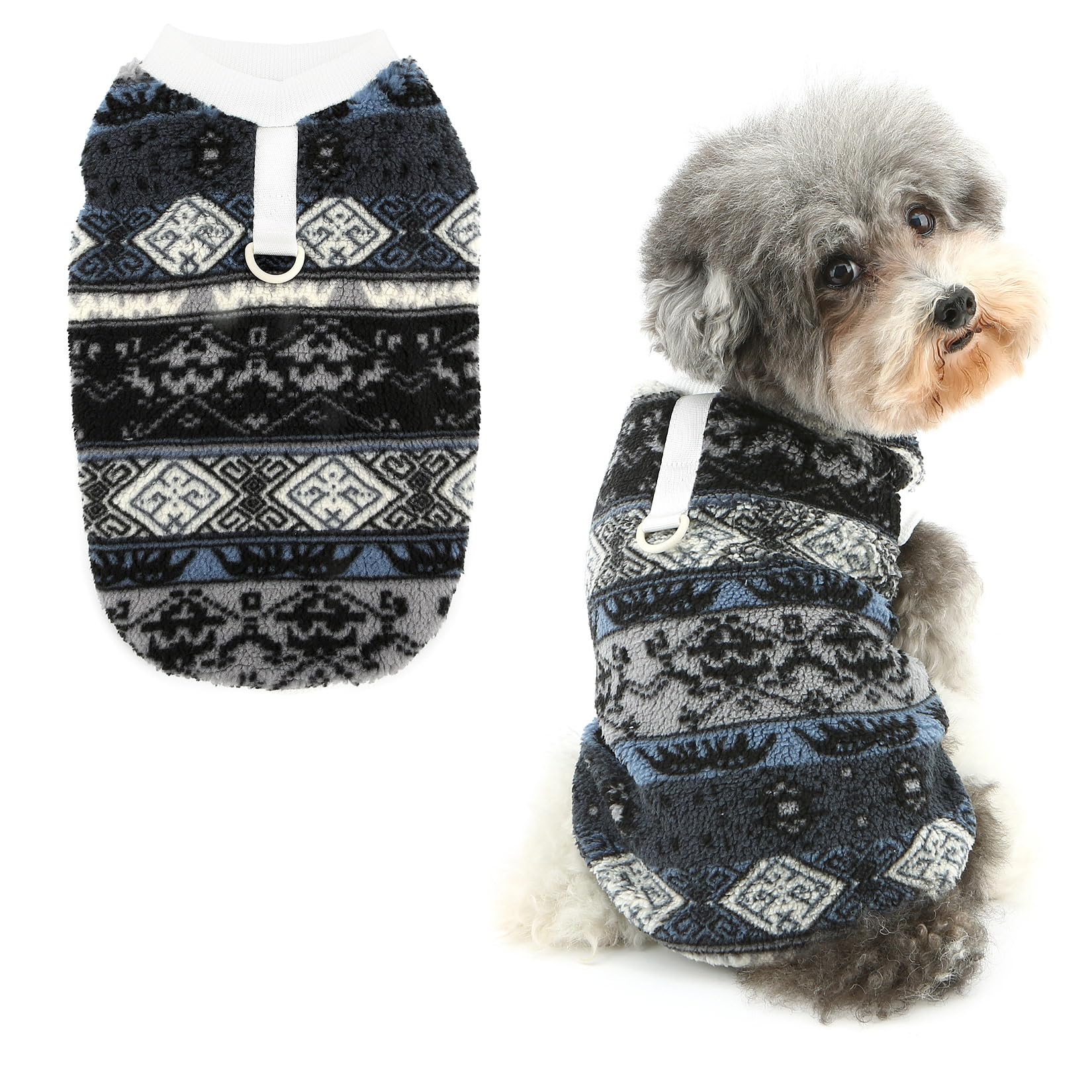 Ranphy Pet Nordic Fair Isle Sherpa Fleece Jumper for Small Dog Puppy Thermal Pullover Sleeveless Vest with D-ring Yorkie Chihuahua Autumn Winter Clothes Cat Clothing,Grey,XXL