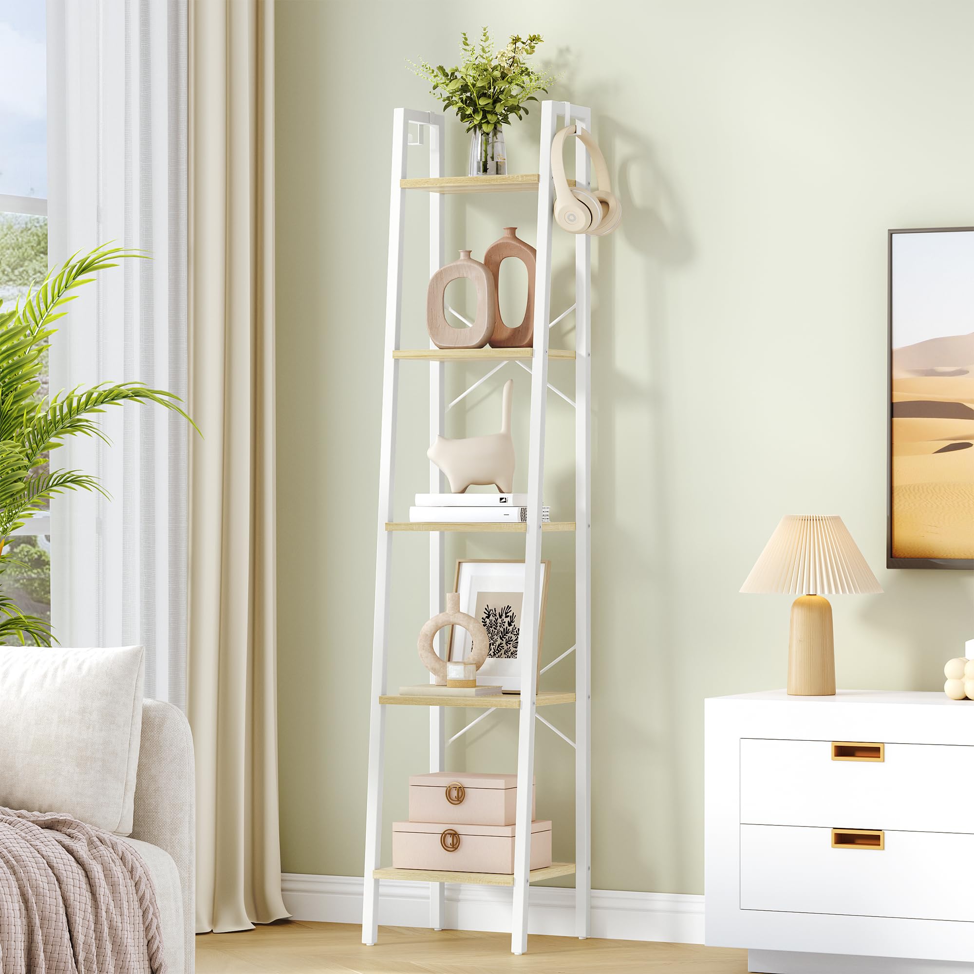 Hzuaneri Ladder Shelf, Bookshelf Bookcase, Freestanding Corner Storage Shelve with 2 Hooks for Home Office, Living Room, Kitchen, Bedroom, Industrial,