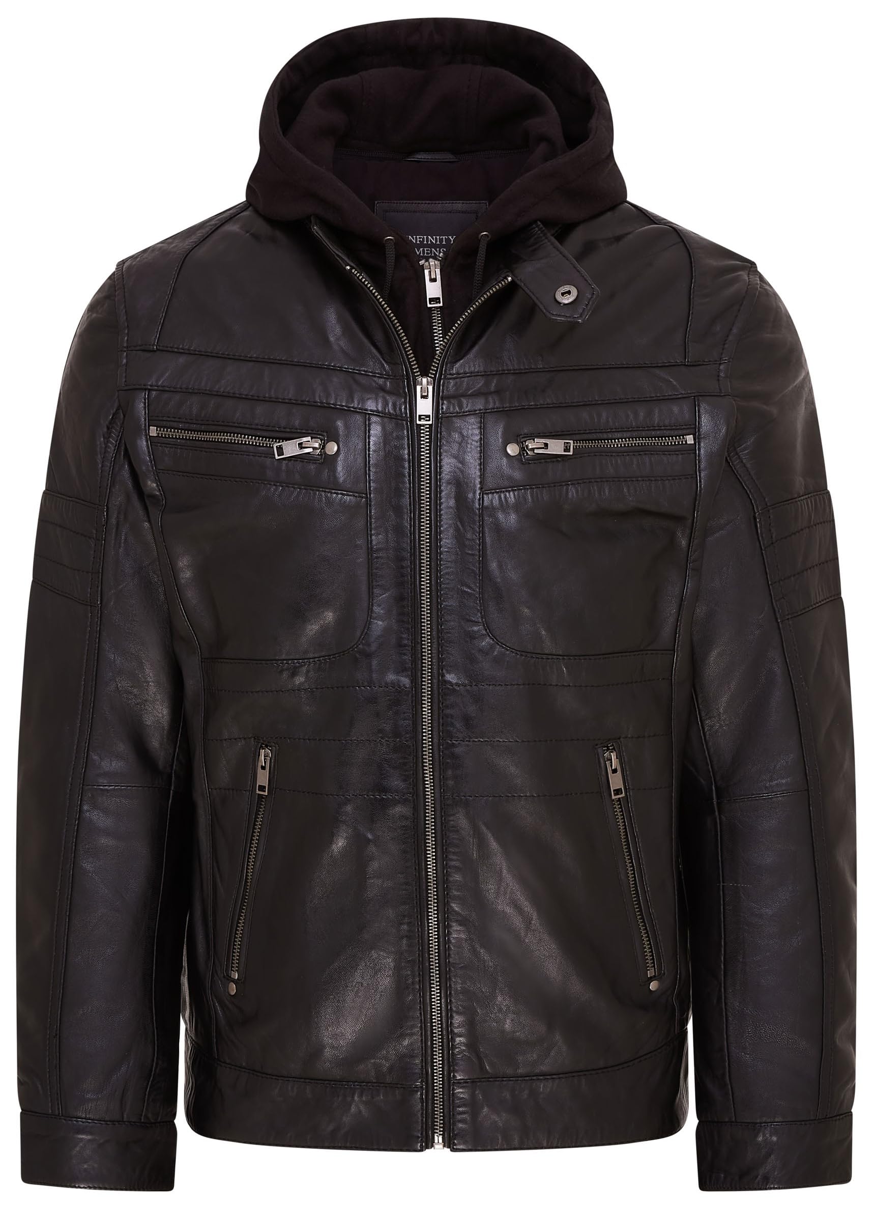 Infinity Leather Men's   Black Hooded Leather Biker Jacket - Stavern in Size 5XL, BrandAlley