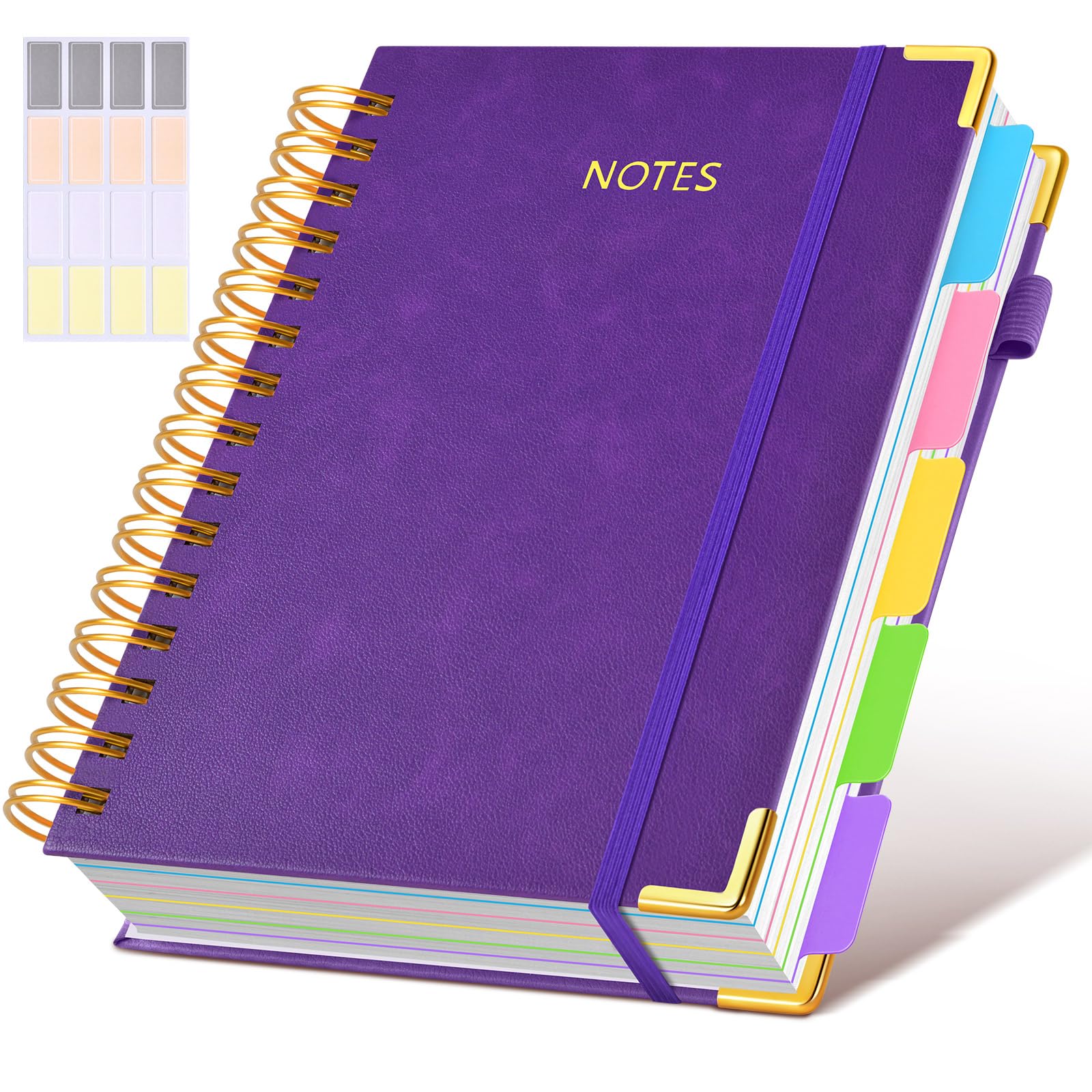 Hardcover Spiral Notebook journal with Removable Dividers Tabs, 300 Pages Leather 5 Subject Notebook College Ruled, 100GMS Notebooks for Work School Note taking,Lined Journal for Women,A5 Dark purple