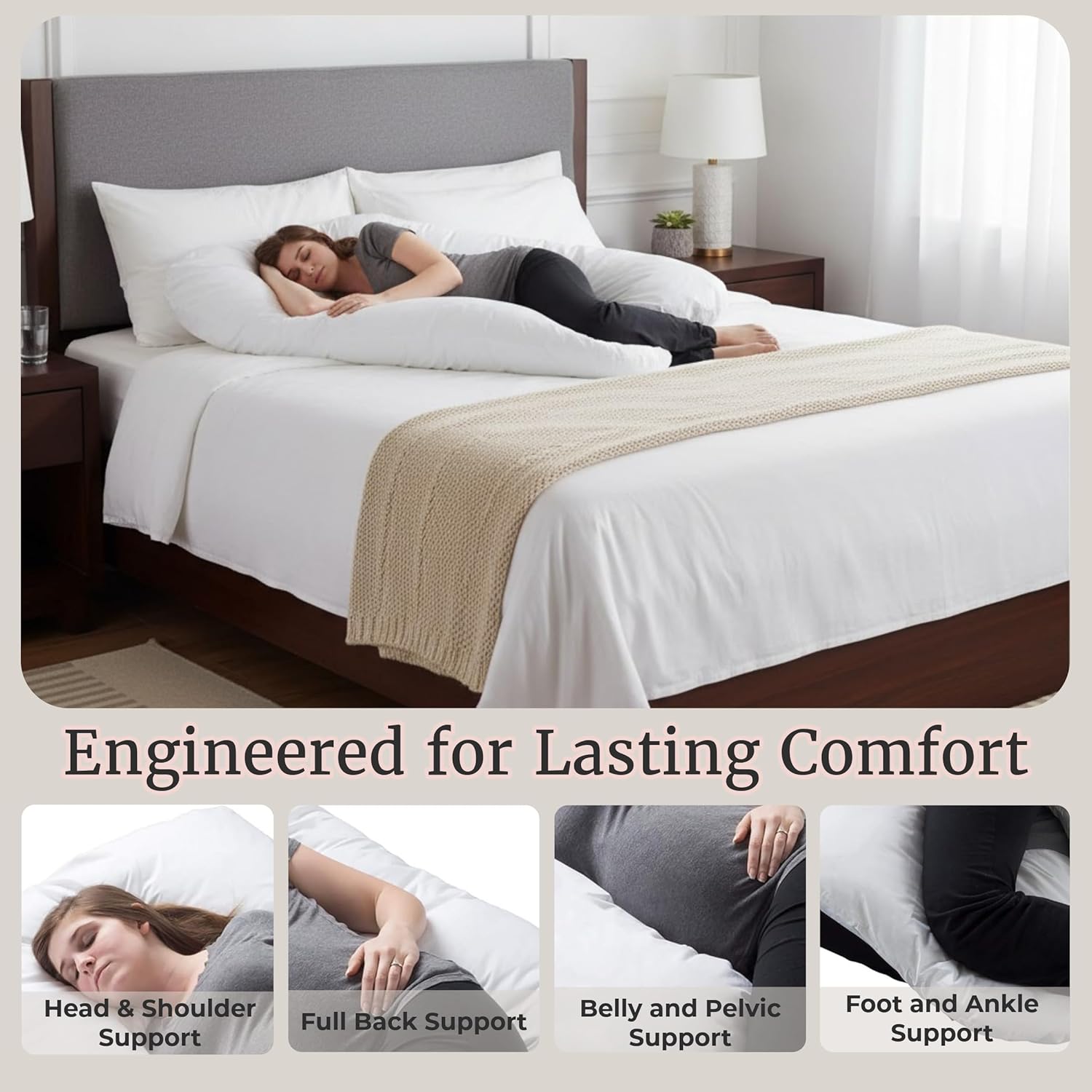 Pregnancy Pillow - U-Shaped Full Body Pillow with Removable Cover - Pregnancy Support for Sleeping - Body Cushions for Adults, Maternity Pad by Lavish Home (White)