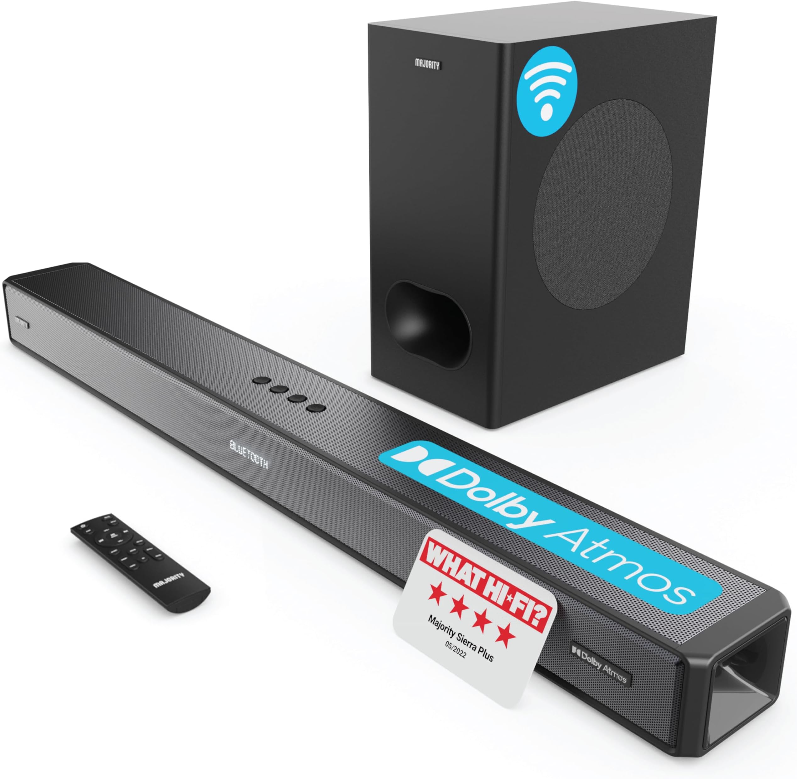 MAJORITY Sierra Plus | Dolby Atmos 2.1.2 Bluetooth Soundbar with Wireless Subwoofer | 400W Up-Firing Surround Sound System For 3D Audio Home Theatre | USB, AUX, Optical, RCA & 3x HDMI | Custom EQ
