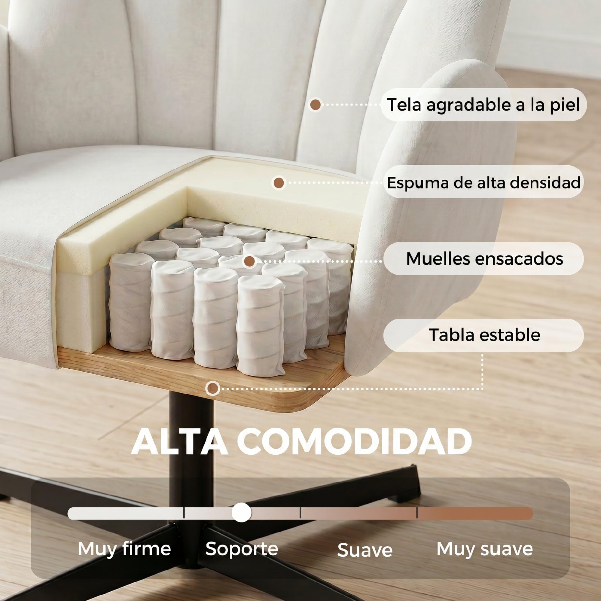 HOMCOM Sillón de Salón Giratorio, Butaca Tapizada en Terciopelo, Crema | Respaldo en Forma de Concha, Cojín con Resortes, Base Cruzada, Sillón de Relax para Dormitorio, Oficina, Estudio