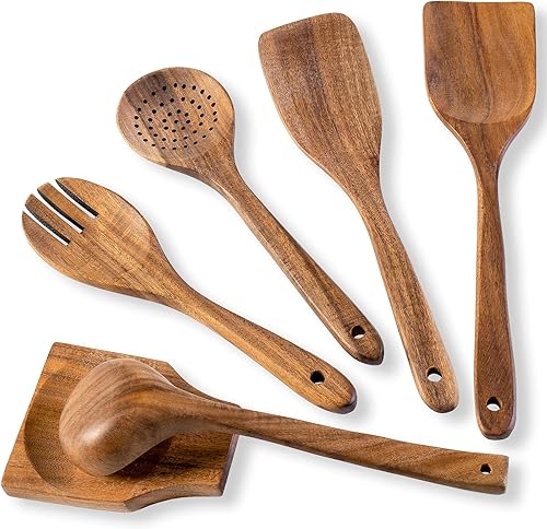 6 cucharas de madera para cocinar juego completo de utensilios con soporte para cuchara de madera entera y cuchara de sopa, espátula de madera para
