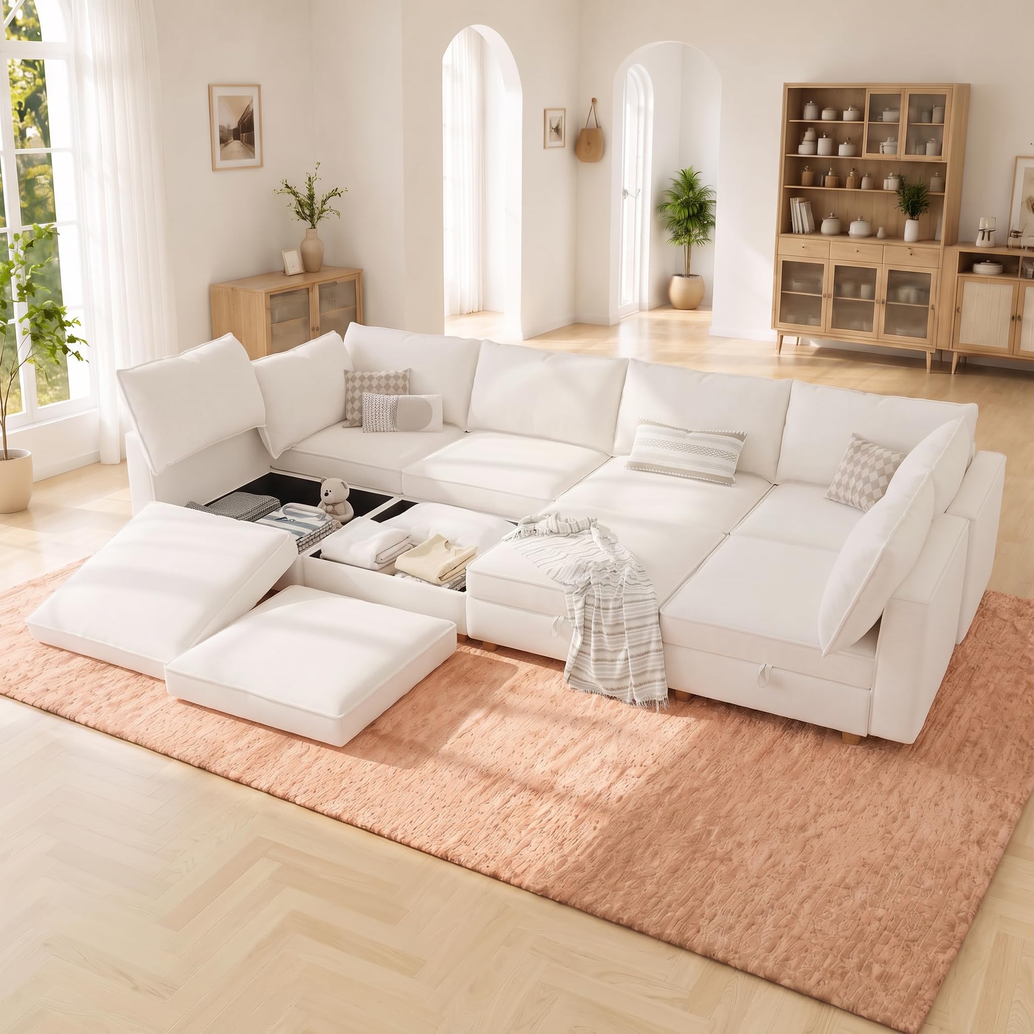 128" Chenille Modular Sofa Bed with Washable Covers &amp; Storage, 8-Seater Modular Sectional Sleeper Sofa Bed with Movable Ottoman Chaise, Convertible Sleeper Sectional Couches for Living Room, Beige