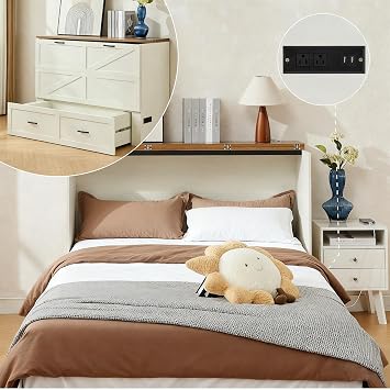 Queen Murphy Bed with Charging Station Large Storage Drawer Farmhouse Wood