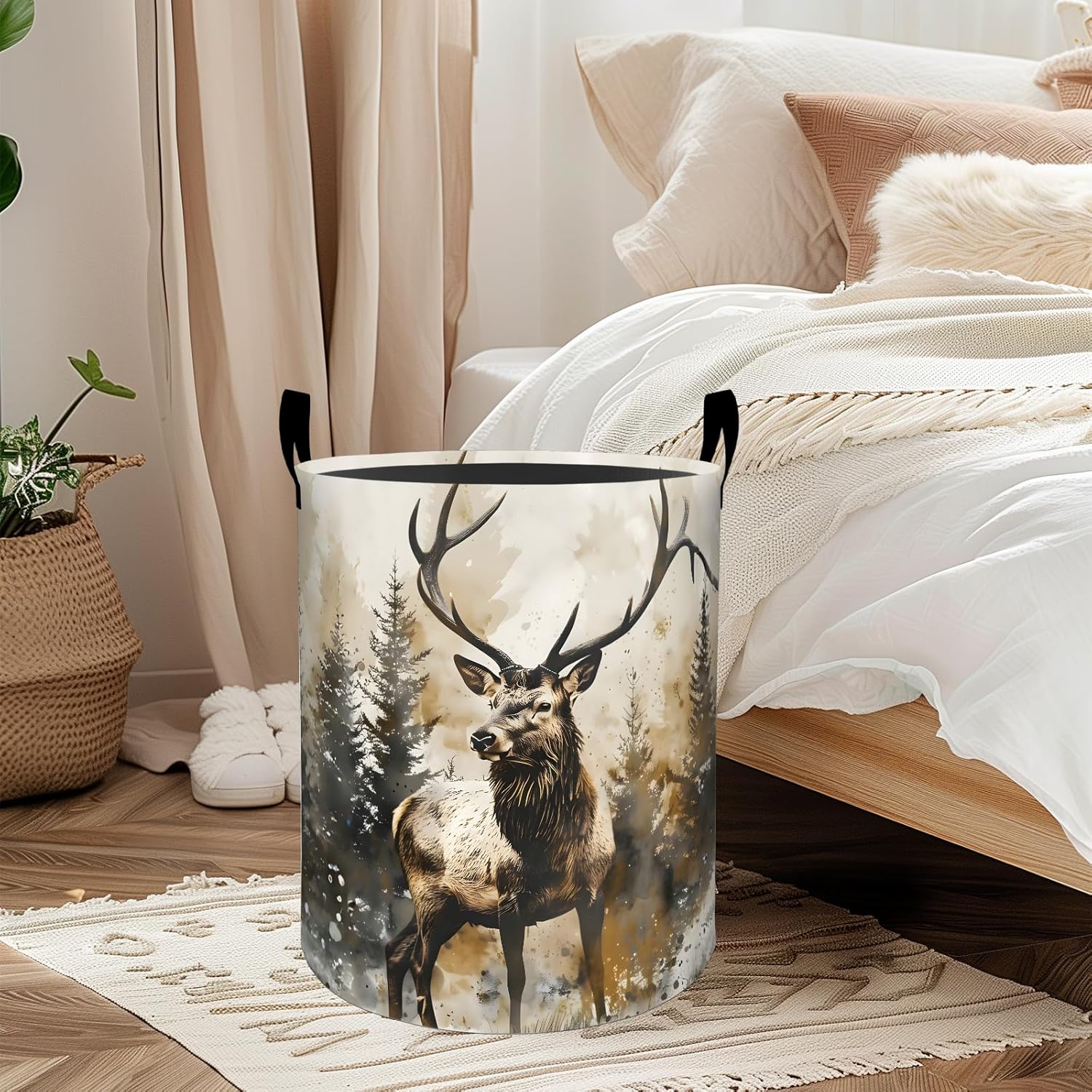 Deer Laundry Basket, Oxford Cloth Realistic Watercolor Dirty Clothes Collapsible Hamper for Room Decor, Forest Wildlife Print Gifts Toy Organizer 19.7 * 15.8 Inch for Bedroom Bathroom Dorm