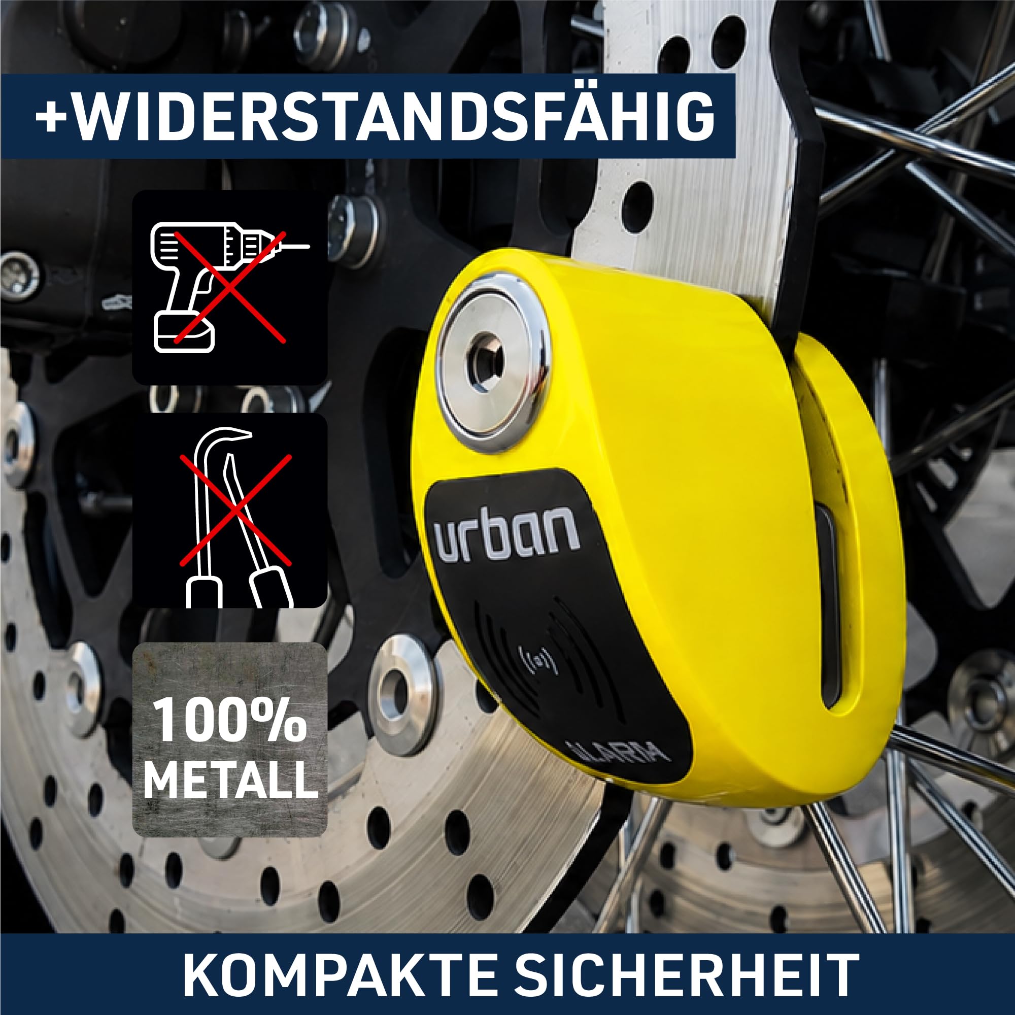 URBAN UR906Y Bremsscheibenschloss Motorrad mit 120dB Alarm X2 ON, Wasserdicht Austauschbares Modul, CR2 Batterie, Erinnerungskabel, 6mm Universelles Motorrad Schloos für Roller E-Bikes E-Scooter