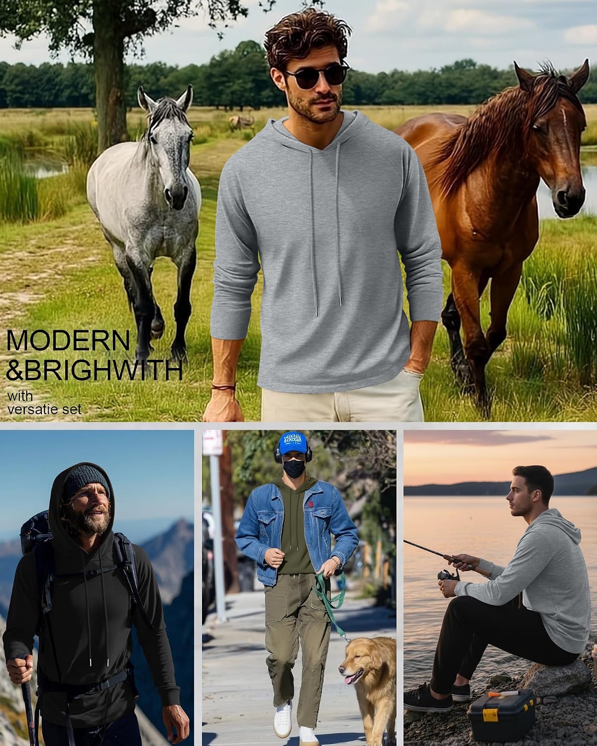 August Alley 3 Pcs Mens Big and Tall Hoodies Long Sleeve Pullover Lightweight Hooded Loose Drawstring Athletic Sweatshirts