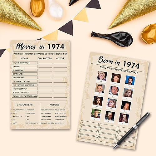 Miniatura 5 de QUPT Juegos de fiesta de 50 cumpleaños, juego de 5 actividades para 10 invitados, paquete de juegos nacidos en 1973, suministros de fiesta de