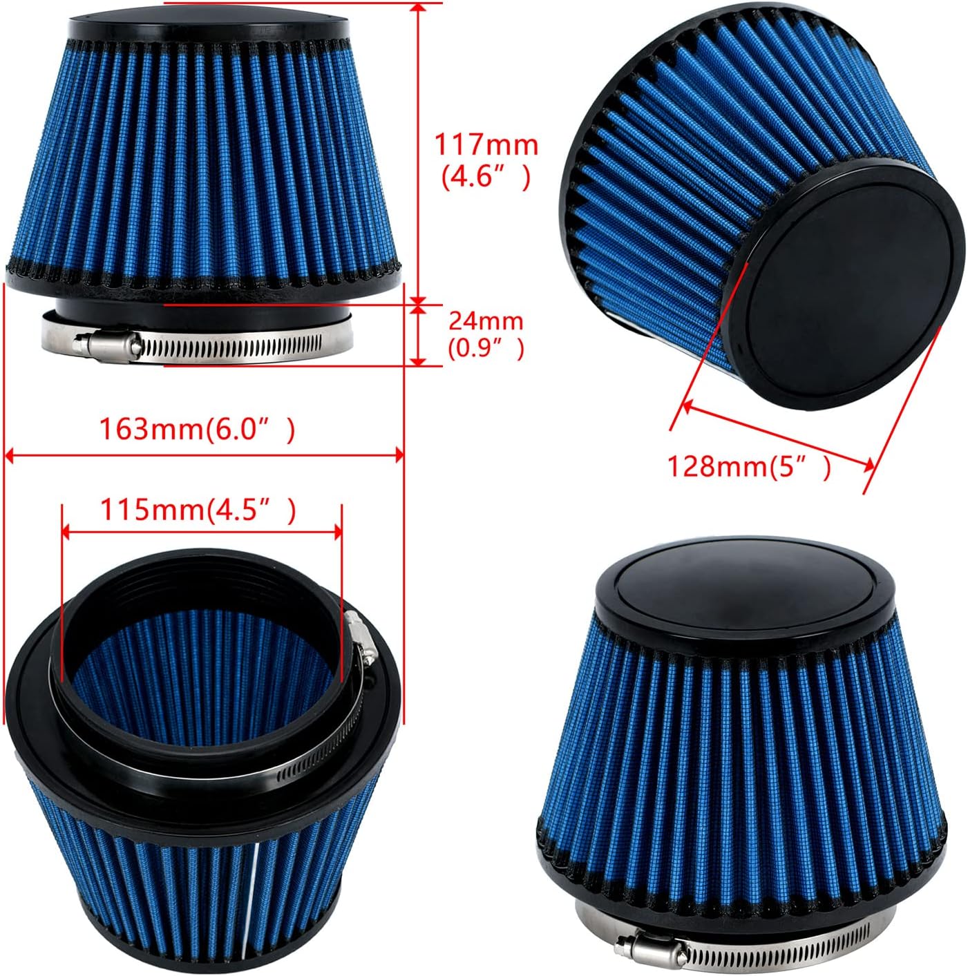 PTNHZ Blue Neck 4.5"/115mm Car High Flow Cold Air Intake Air Filter Power Intake Air Inlet System Mushroom Head Air Cleaner