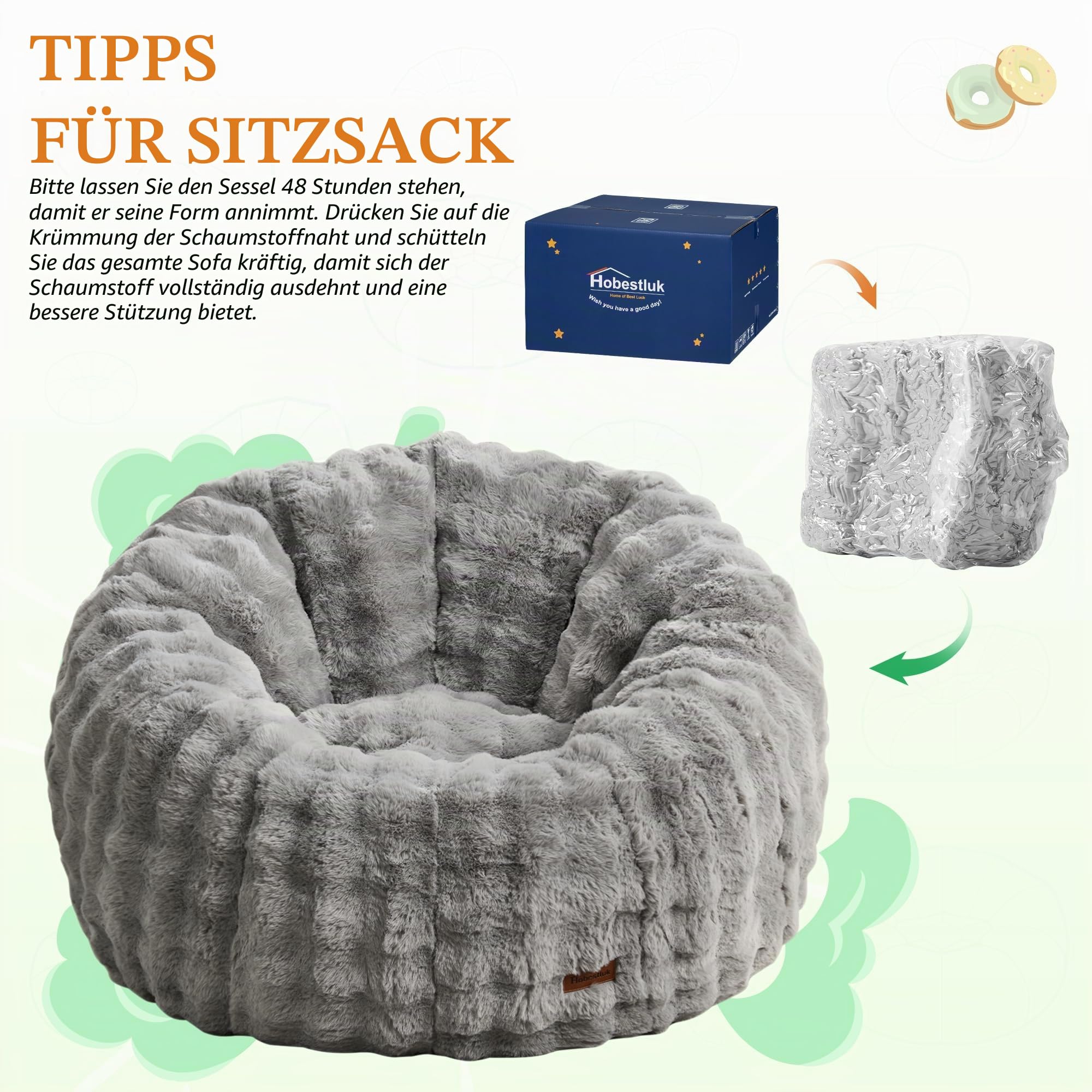 Hobestluk Übergroßer Sitzsack für Erwachsene, Donut-Form (Bubble Grey) | Spezielles Donut-Design, Memory-Schaum-Füllung, bequemes gefülltes Sofa, Entspannen, Lesen oder Spielen, weicher Blasenstoff