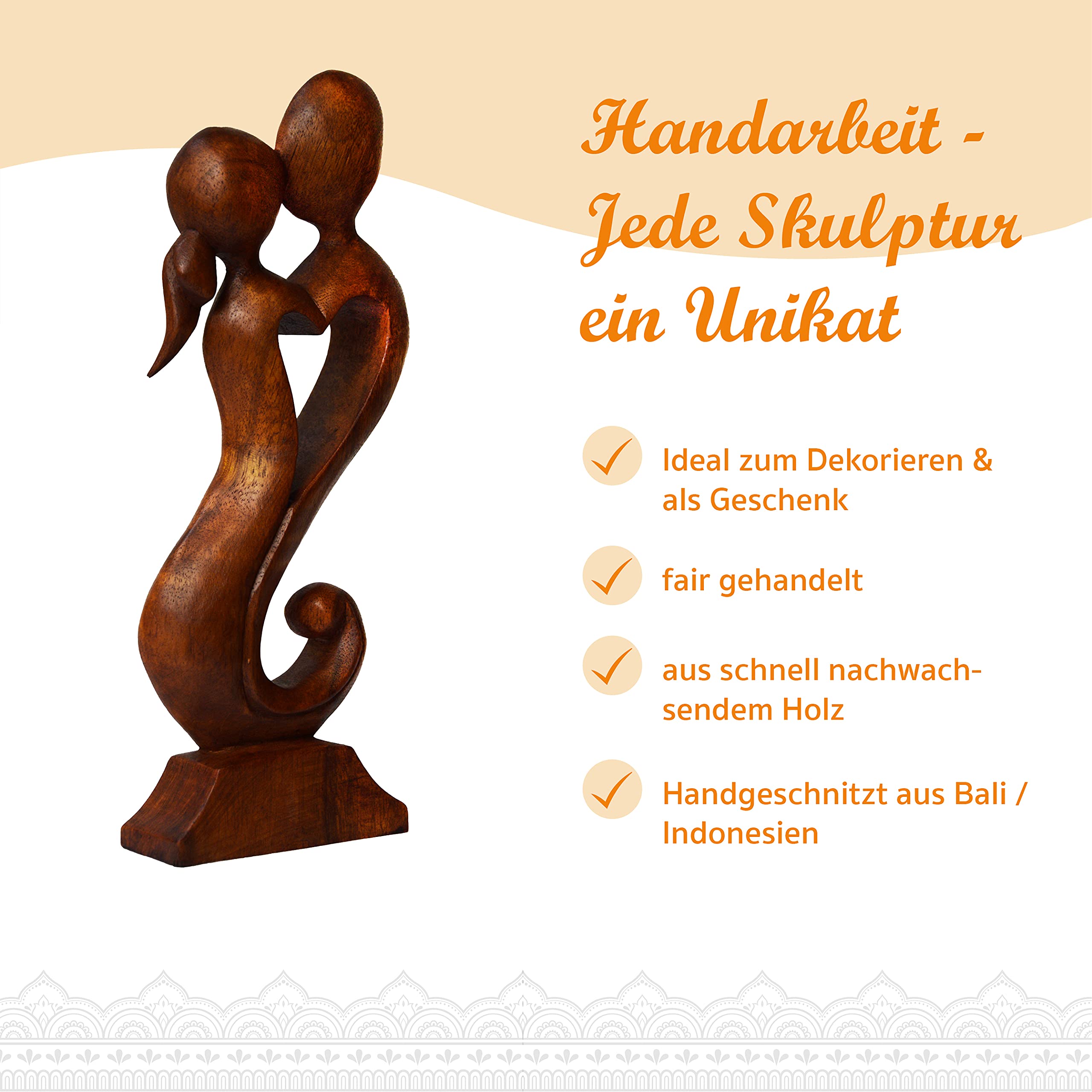 Simandra Holz-Skulptur Fruchtbarkeit, 30 cm I Handgeschnitzte Dekofigur aus schnell nachwachsendem Suar-Holz I Hochzeit, Verlobung etc. I Herkunft: Bali