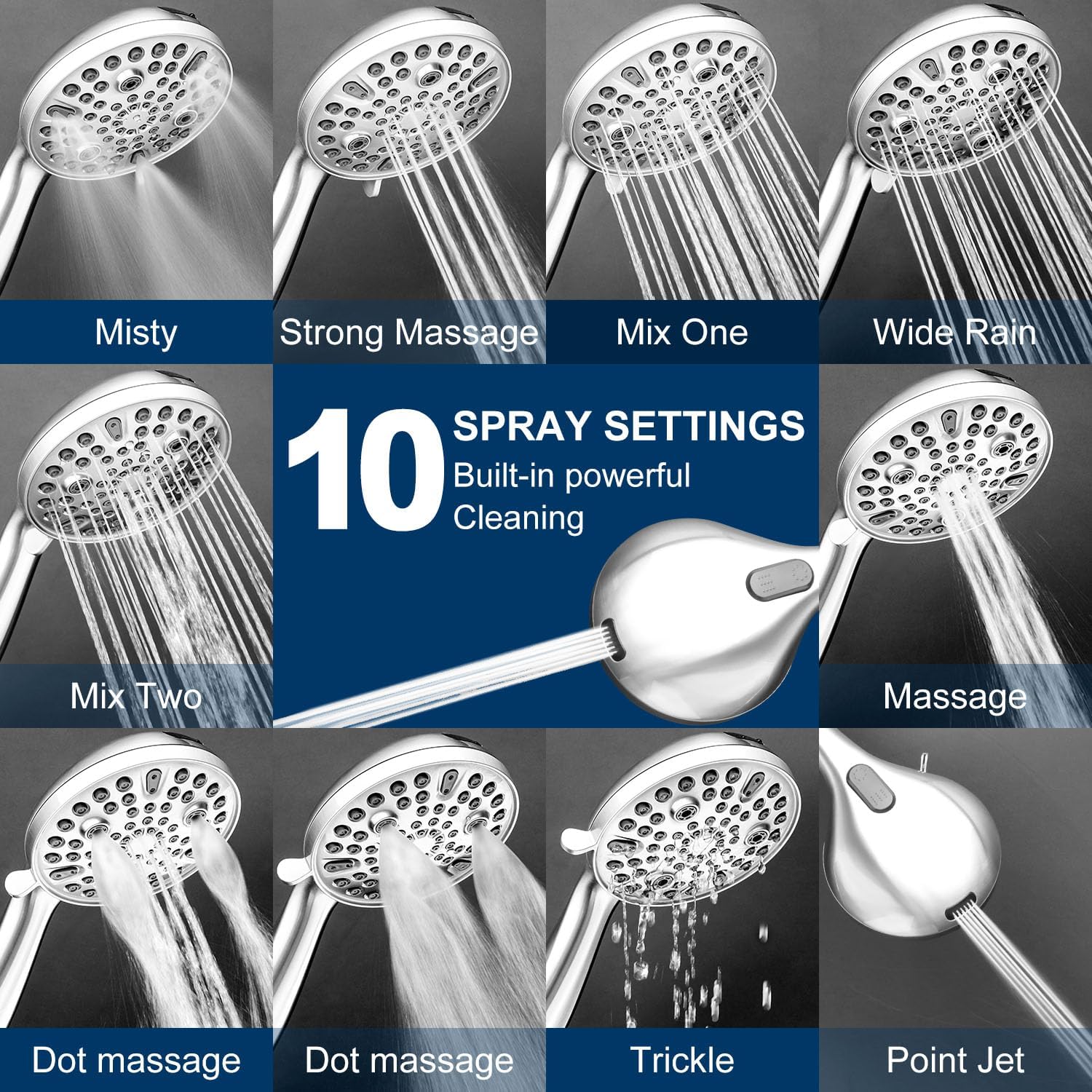 Shower Head Handheld with All Metal Showerhead Holder and Extra Long Hose 6 ft. 10 Spray Mode High Pressure Built-in Power Wash Hand Held Showerhead, Handheld Shower sprayer Premium Chrome 2.5 GPM