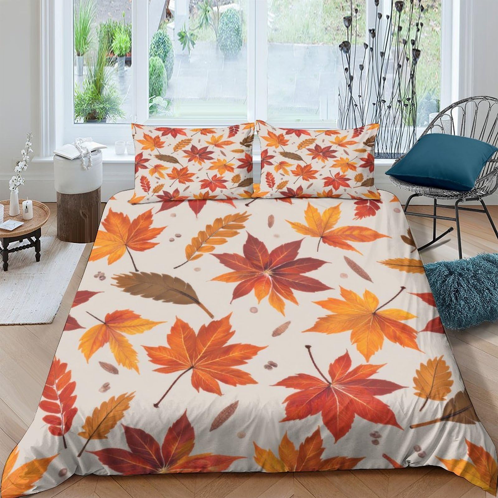 TUFRTGYHN 3D Printed Autumn Maple Leaf Duvet Cover Microfiber Soft Breathable Fall Forest Quilt Cover Set with 2 Pillowcases for Bedroom Decor Single（135x200cm）