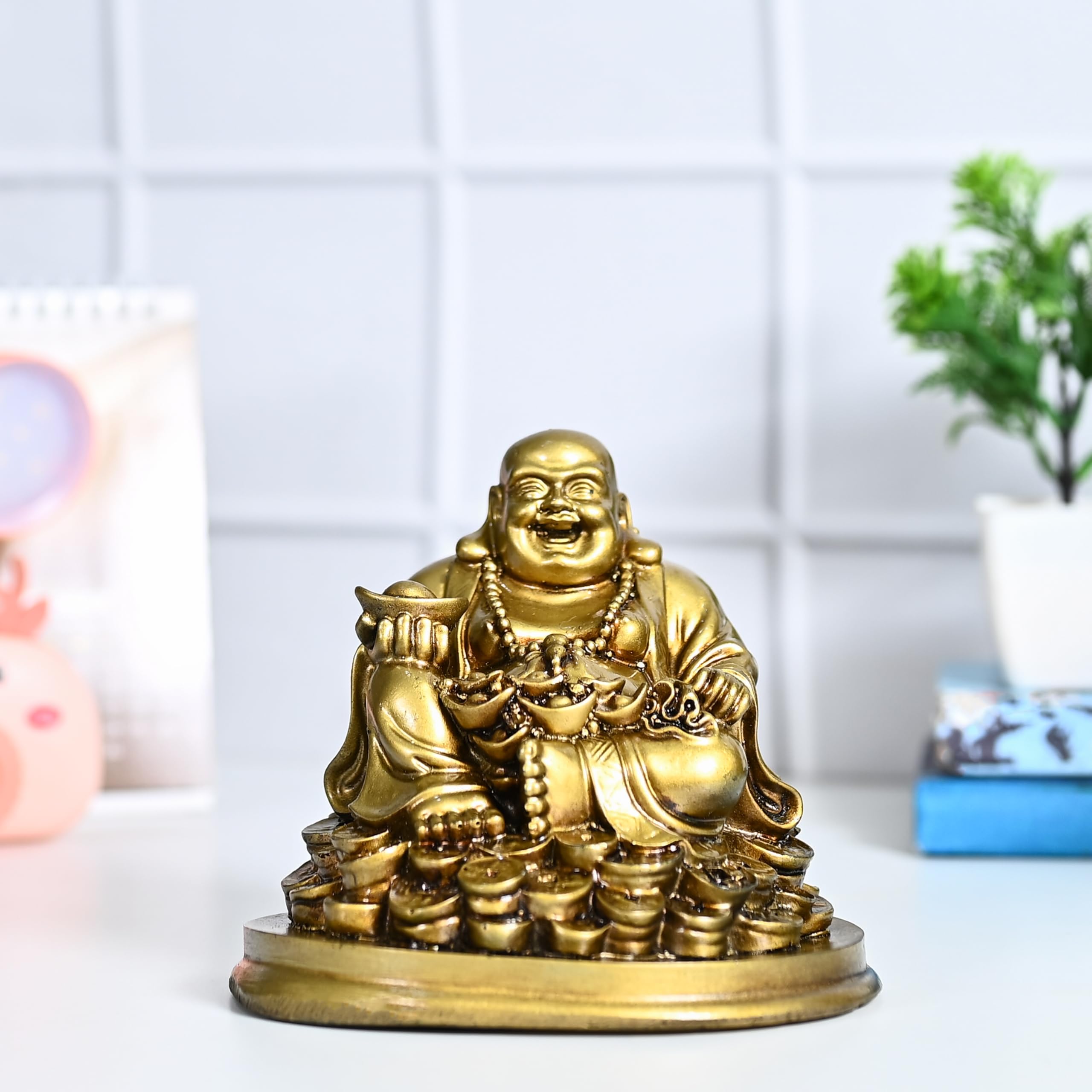 Handcrafted Resin Laughing Buddha Monk Statue - Small Blue & Red Figurine For Home Desk, Feng Shui, Good Luck Gift