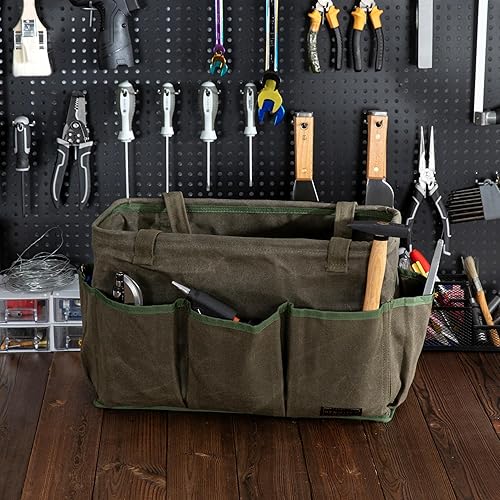 Miniatura 4 de Bolsa de herramientas con marco de metal, lona encerada, amplia y abierta, con 9 bolsillos externos, 15.5 x 7.5 x 10.5 pulgadas (verde militar)