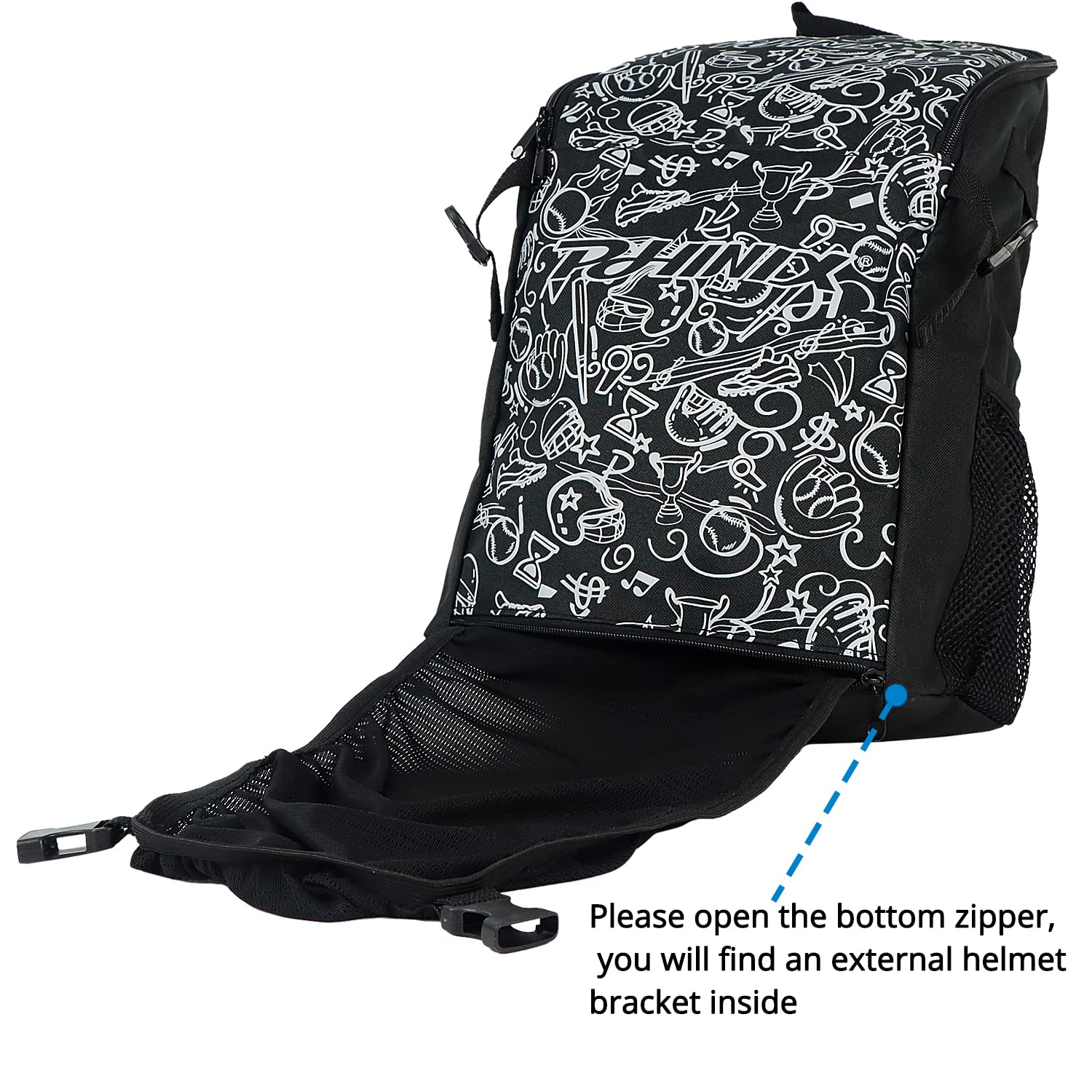 PHINIX Sac à dos de baseball, de T-ball ou de softball avec crochet de clôture pour enfants (noir)