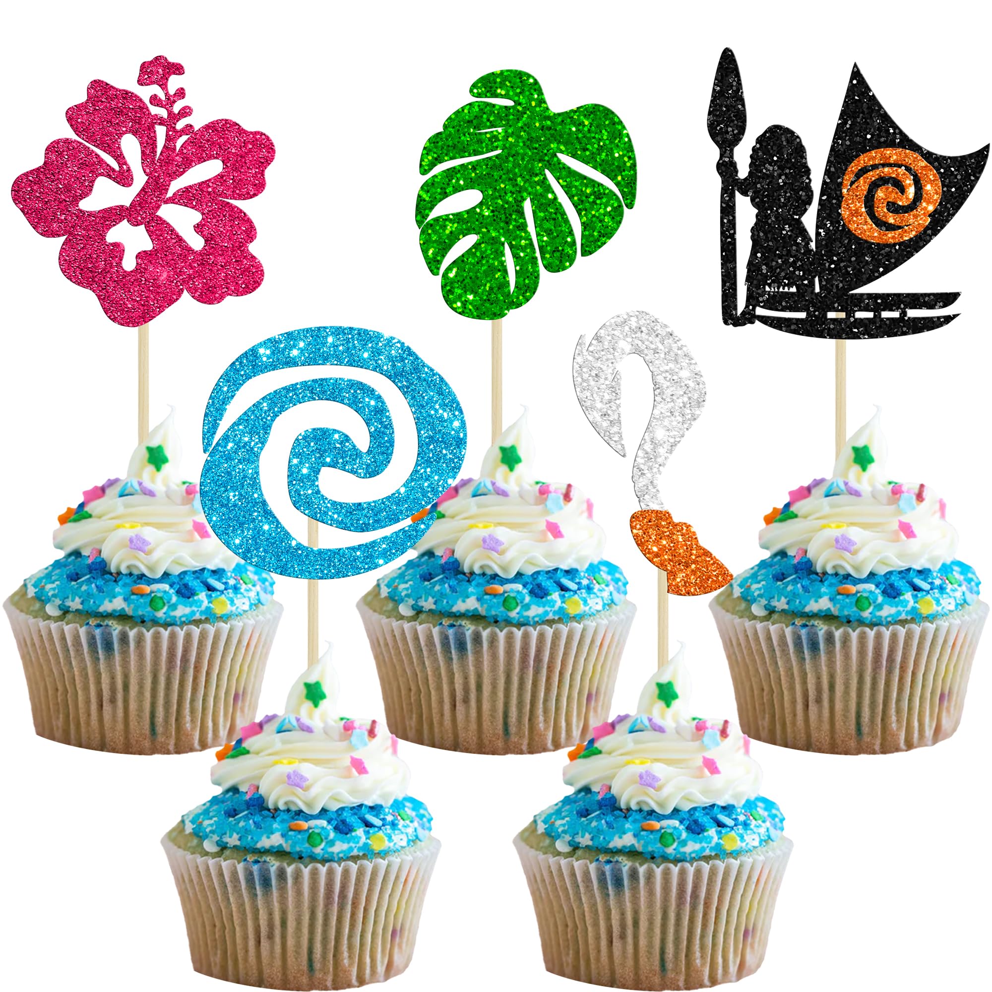 Gyufise 30Pcs Moana Inspired Birthday Cupcake Toppers Glitter Flower Palm Leaf Cupcake Picks Party Decorations for Tropical Hawaiian Luau Summer Baby Shower Wedding Party Supplies Green Multi