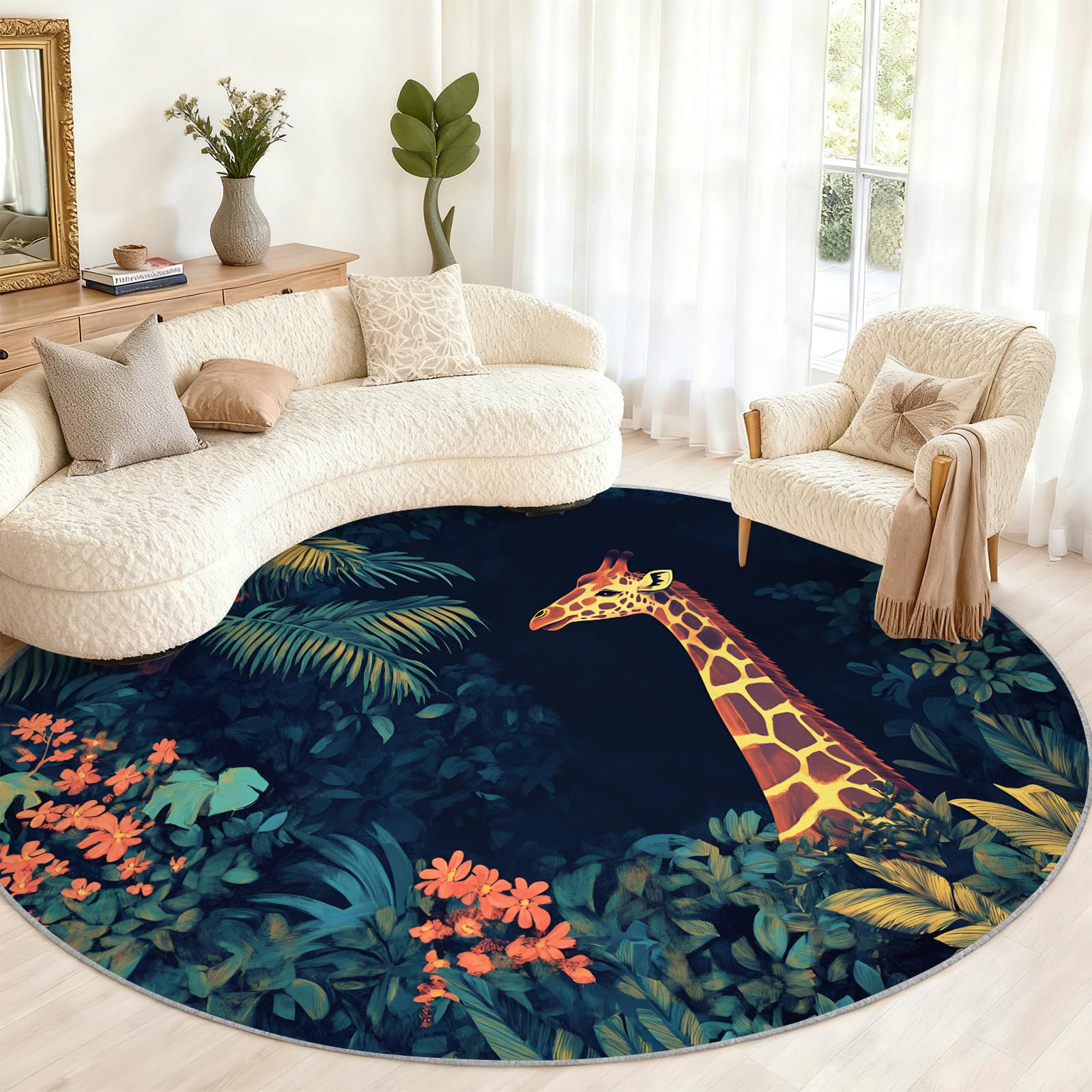 Tapis rond girafe 210 cm antidérapant idéal sous la table à manger du salon