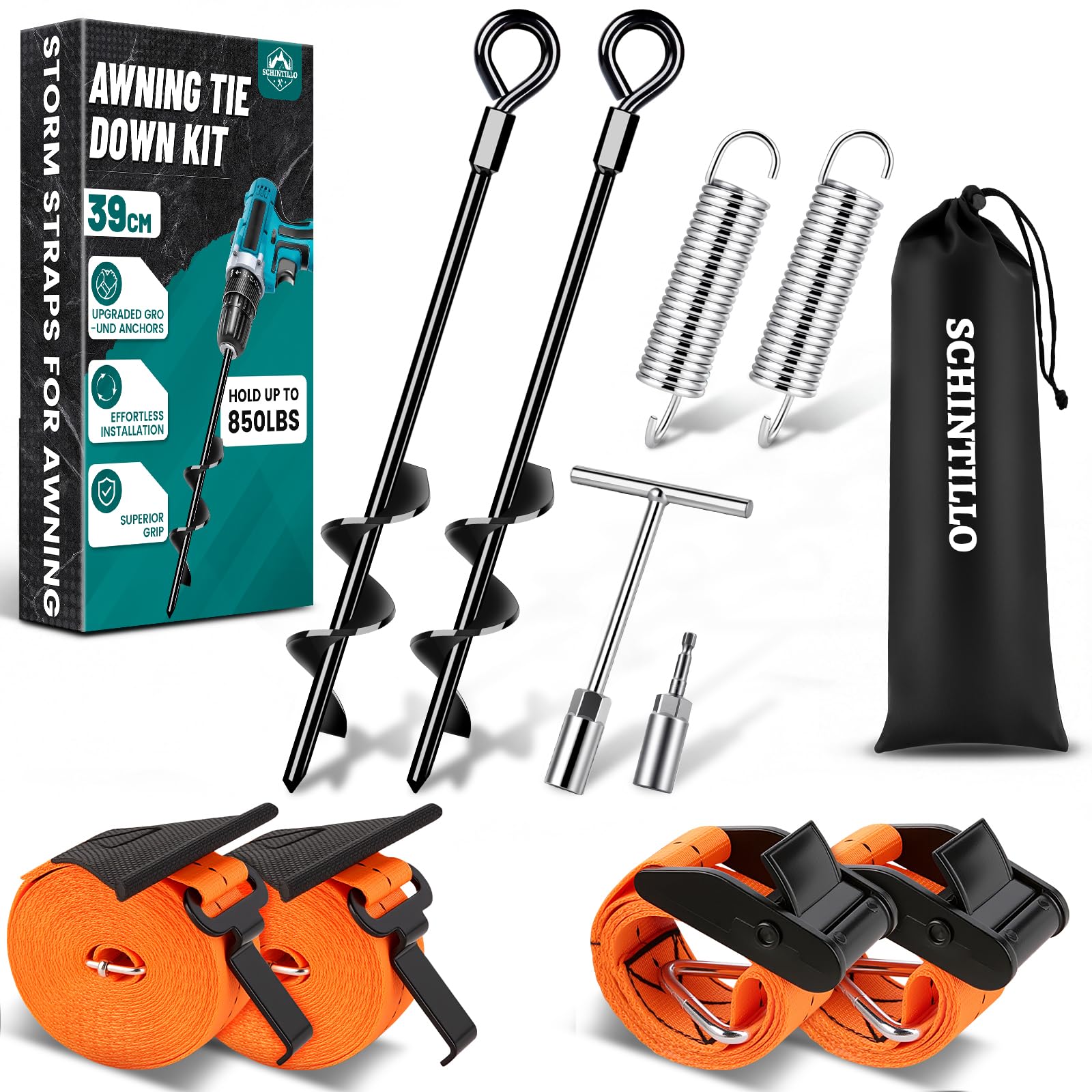SCHINTILLO Sturmband Markise Vorzelt Set für Thule & Fiamma, Sturmsicherung für Vorzelt Markise, StabilisierungsKit für Camping & Wohnmobil mit 39CM Stark Bodenanker