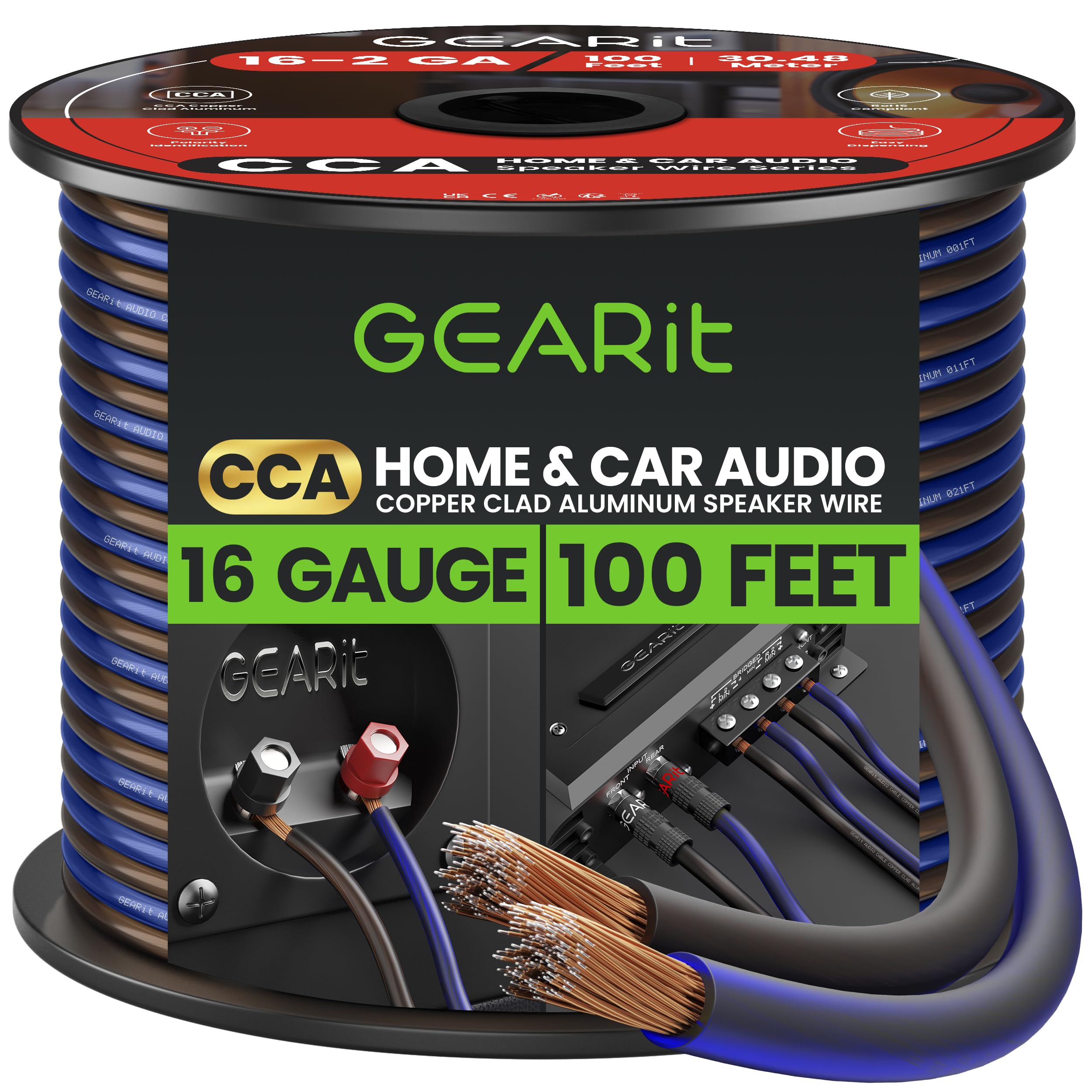 GEARit Pro Series 16AWG Speaker Wire, 16 Gauge Speaker Wire Cable (100 Feet / 30 Meters) Great Use for Home Theater Speakers and Car Speakers, Transparent Black/Blue