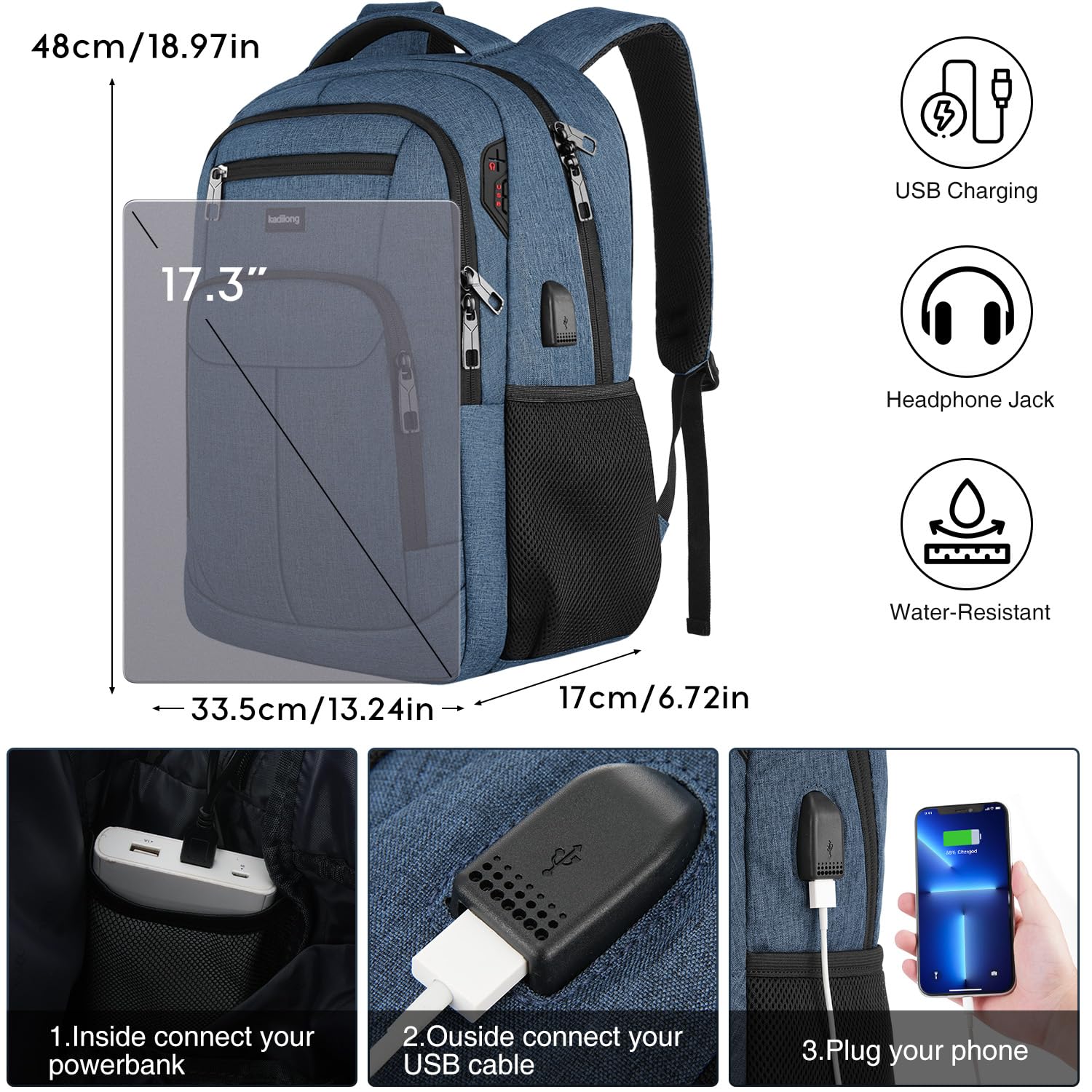 kadilong 17.3 Pulgadas Gran Capacidad Mochila para Portátil Hombre,Bolsa de Escuela para Universidad,Instituto,Viajes y Uso de Oficina