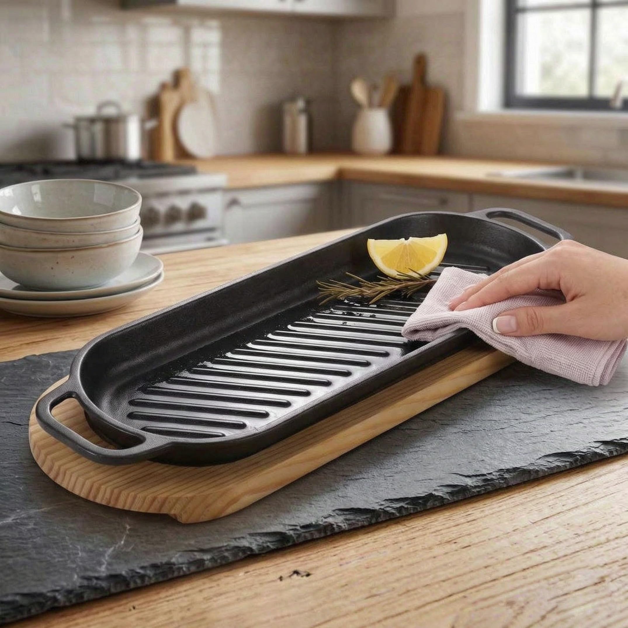 Assiette grésillante avec base en bois Poêle à fajita longue ovale avec poignée