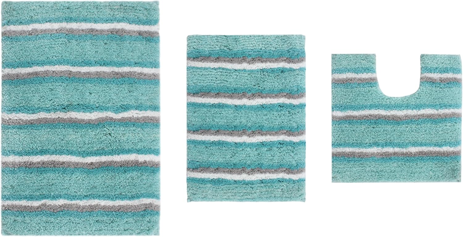 Home Weavers Glamour Collection 100% Polyester Microfiber Non-Slip Bath Rug,Extra Soft Microfiber Bedroom Shag Carpet,Water/Dust Absorbent Fast Dry Shower Mat - 3PC Set with Contour, Aqua