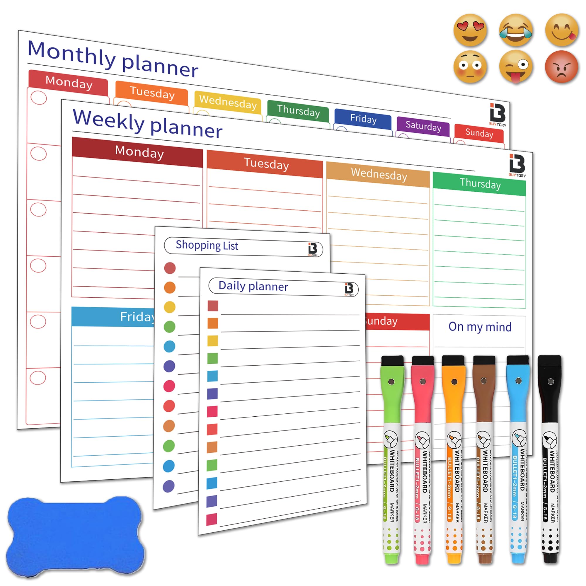 Magnetic Dry Erase Calendar Set for Fridge – Monthly, Weekly, Daily Planner & Shopping List – Includes 6 Fine Tip Markers, 6 Magnetic Buckles & Eraser – Meal Planner & Organizer for Home & Office
