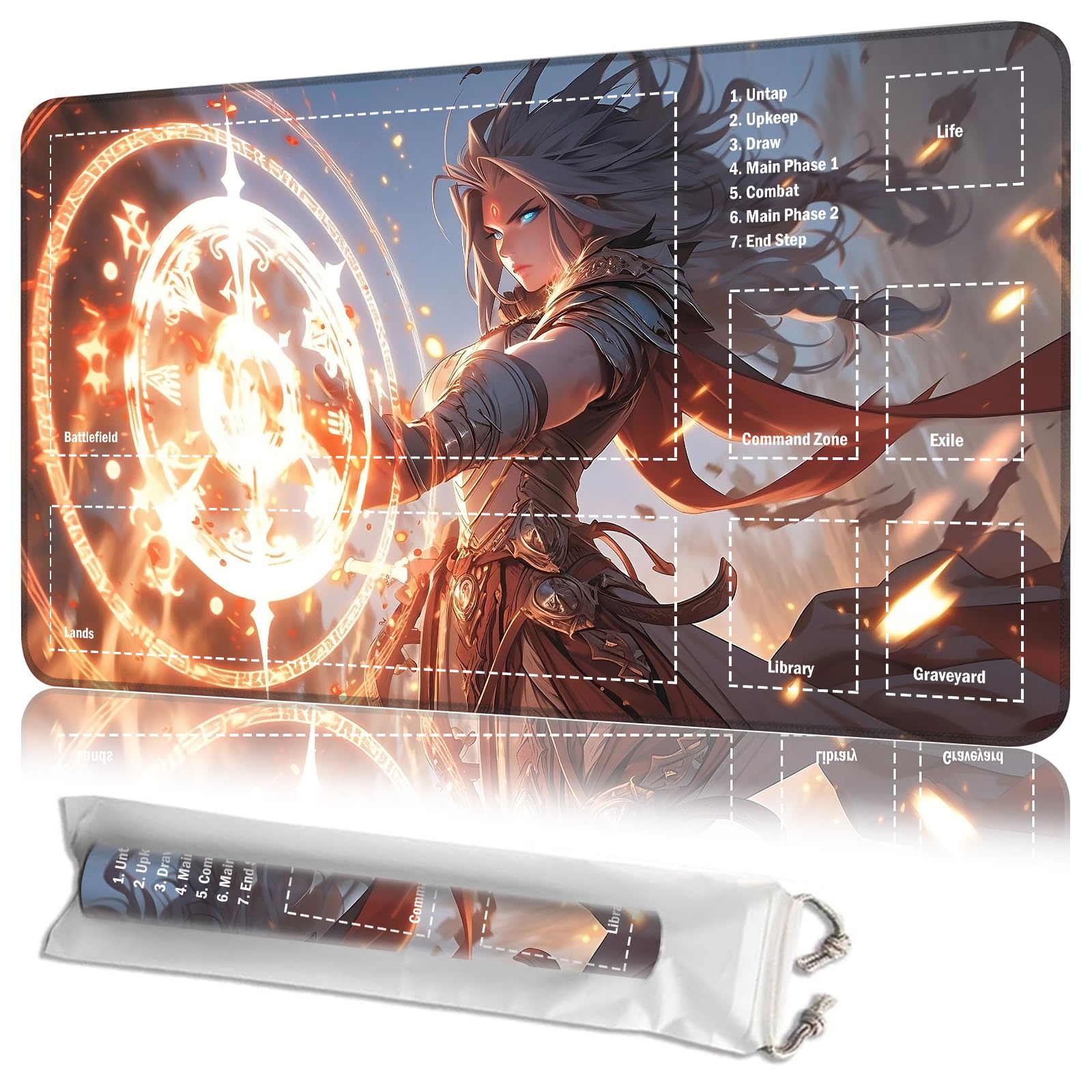 JANENFNA Playmat 24" x 14" with Magic Zones for MTG Card Game Playing, Board Game Mat for Card Breaking Commander Deck Gaming Card Game Battles Mat with Storage Bags, Fantasy Magical Warrior