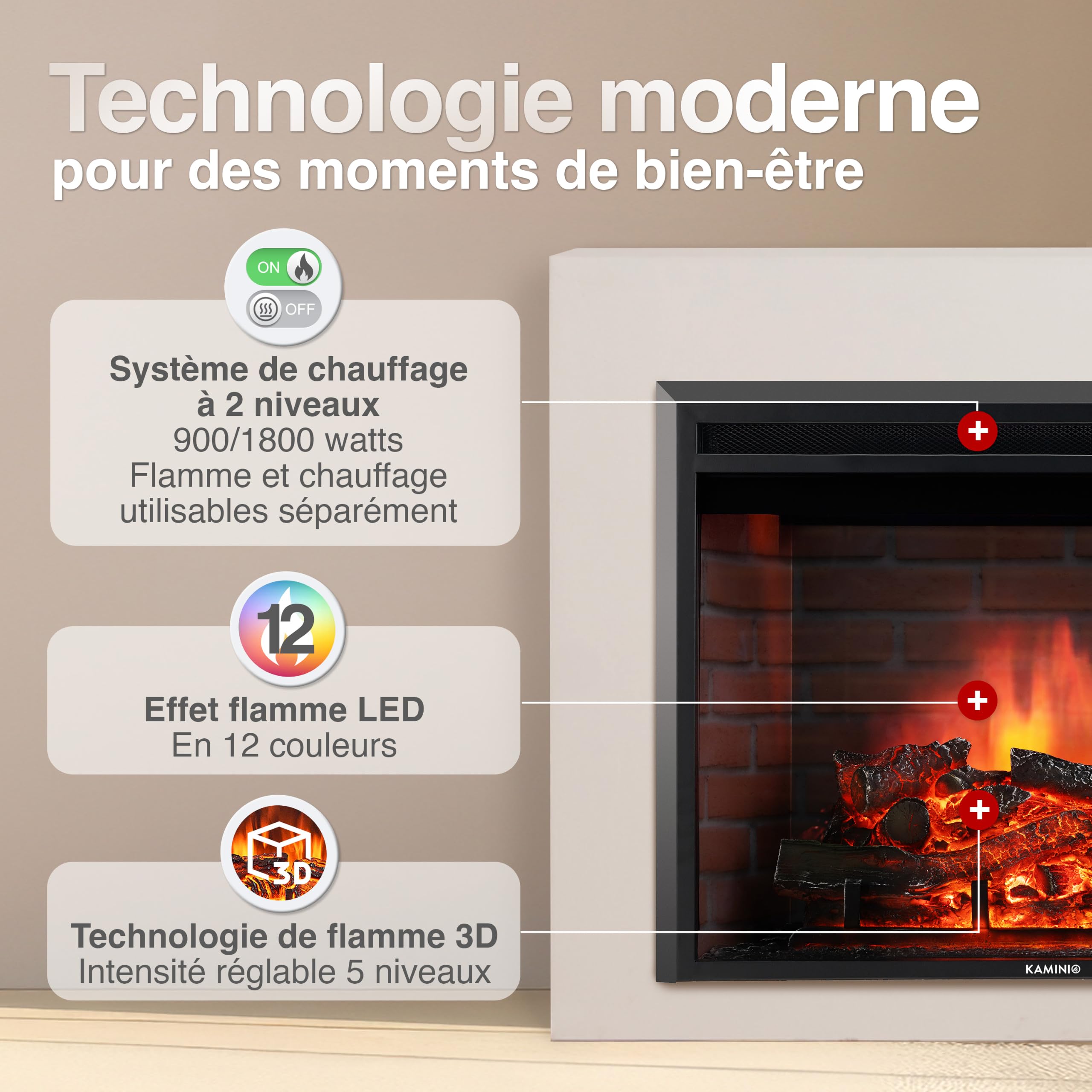 KAMINIO cheminée Electrique LUCA - Cheminée encastrable avec Chauffage, Effet de Flamme 3D, 12 Couleurs de Flammes, télécommande (30 Pouces)
