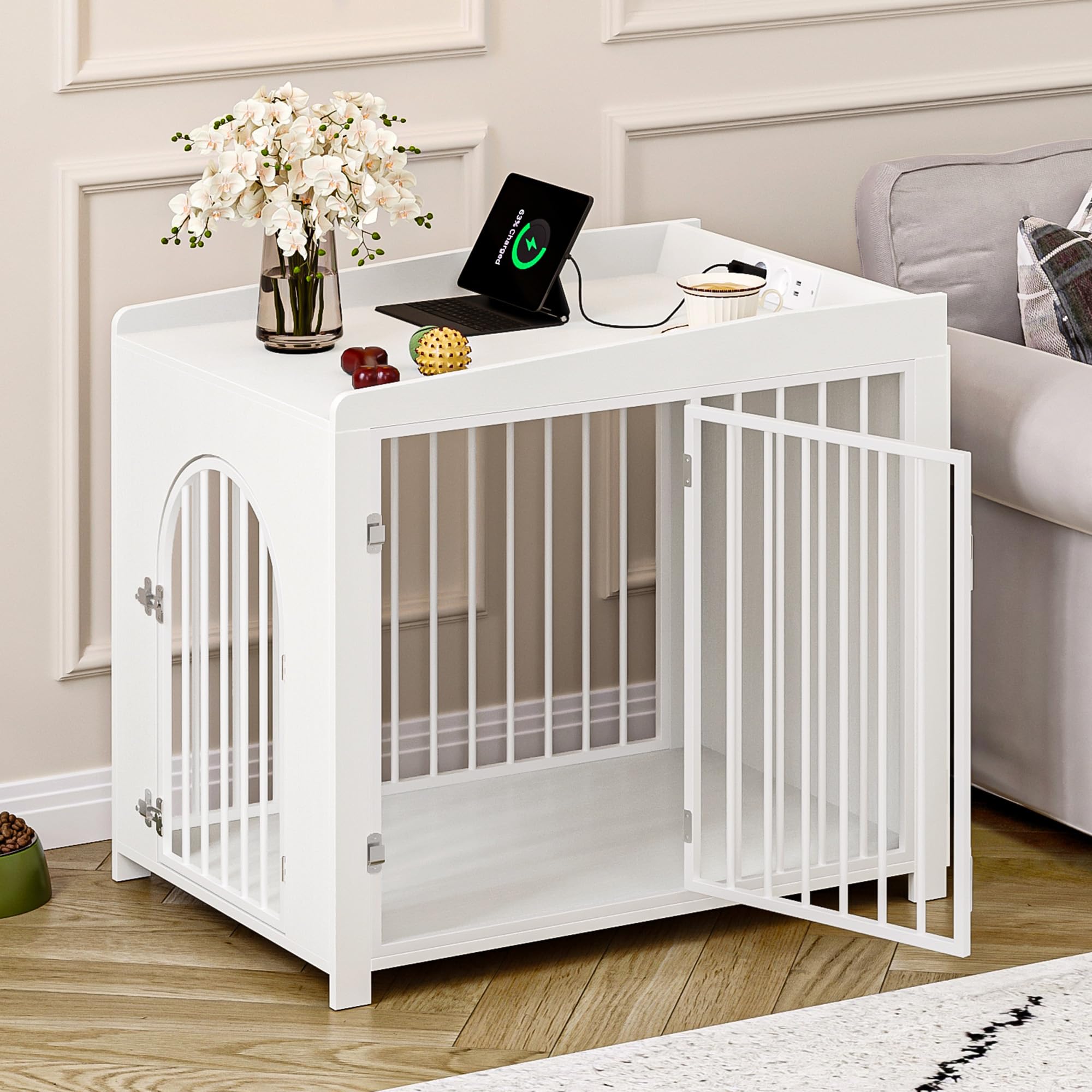 Hzuaneri 90 cm Jaula para Perros, Casa para Mascotas con Puertos USB y Tomas de Corriente, 2 Puertas, para Perros Pequeños y Medianos, Caja de Madera para Perro, Mesa Auxiliar, 63x90x79cm, Blanco