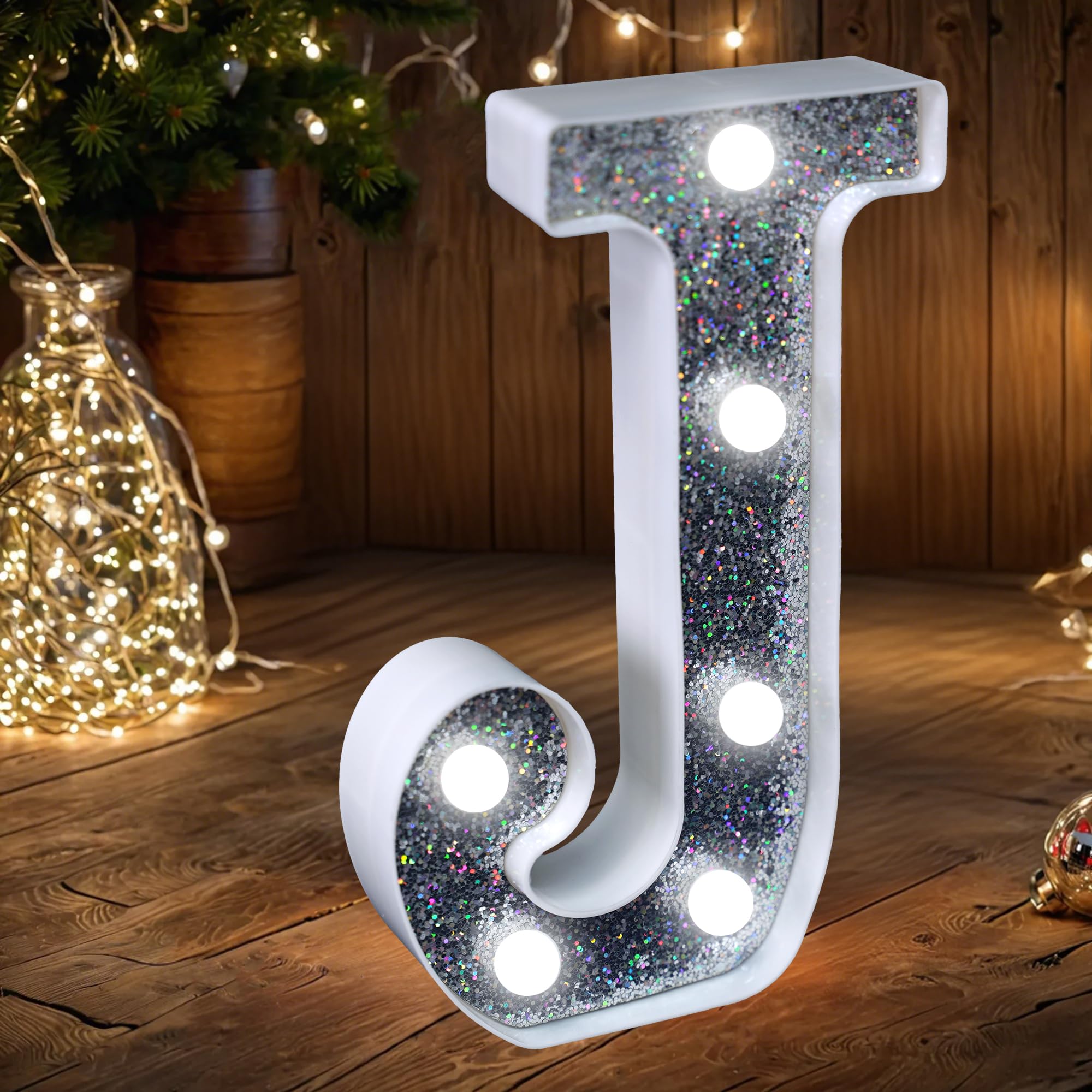 LED Marquee Letter Lights, Light Up Silver Glitter Letters Sign Battery Powered Night Light for Birthday Party Wedding Home Decoration Baby Shower-J — image 1