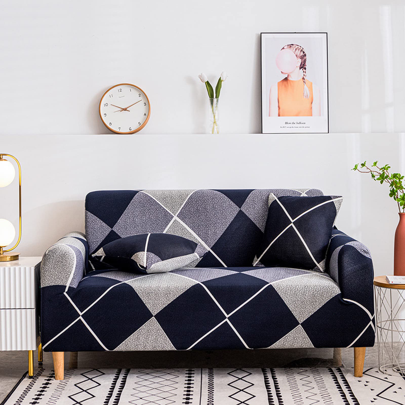 2 Seater Sofa Cover Blue Geometry Stretch Sofa Covers Spandex Settee Covers 2 Seater Washable Sofa Protectors from Pets Non Slip Covers for Sofas All Seasons Couch Cover with Elastic Strap