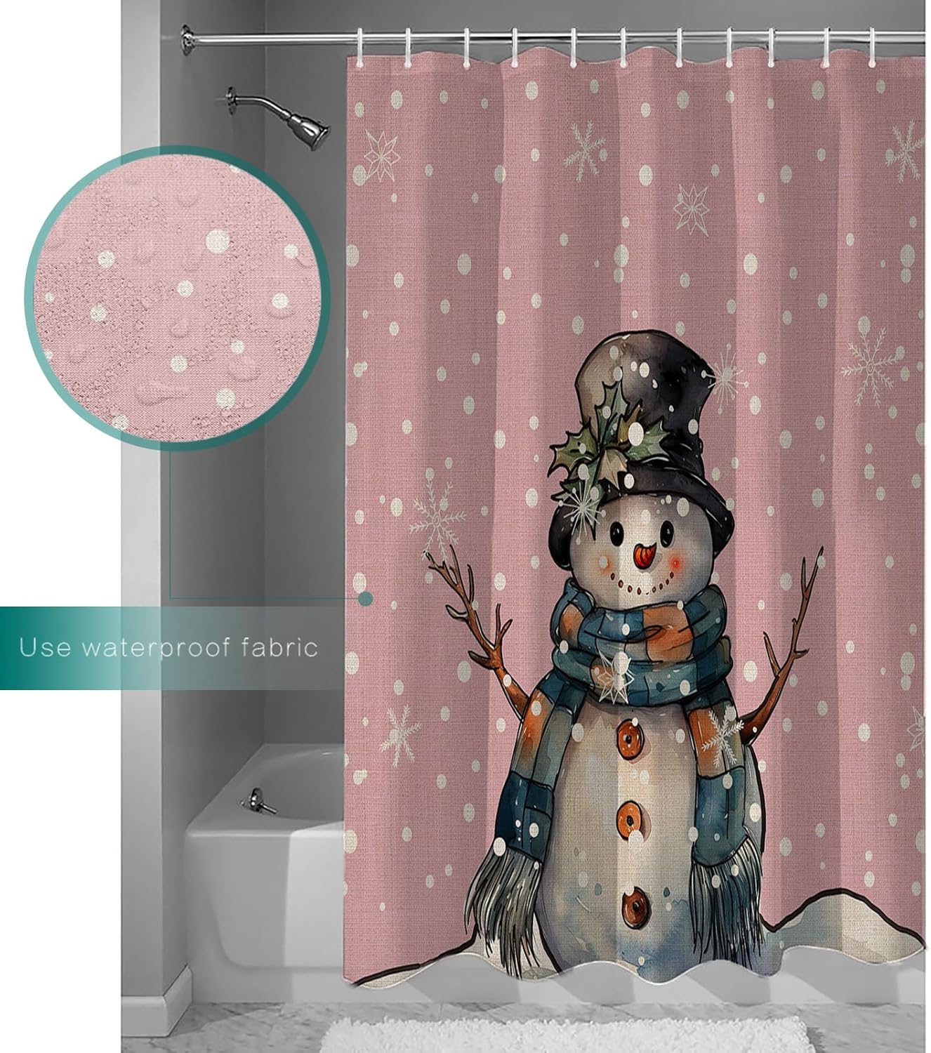 Fabric Shower Curtain 48x72 Inch, Pink Christmas Snowman Watercolor Shower Curtain for Bathroom with Hooks,Waterproof Bath Shower Curtain Sets Decorative Bathroom Accessories