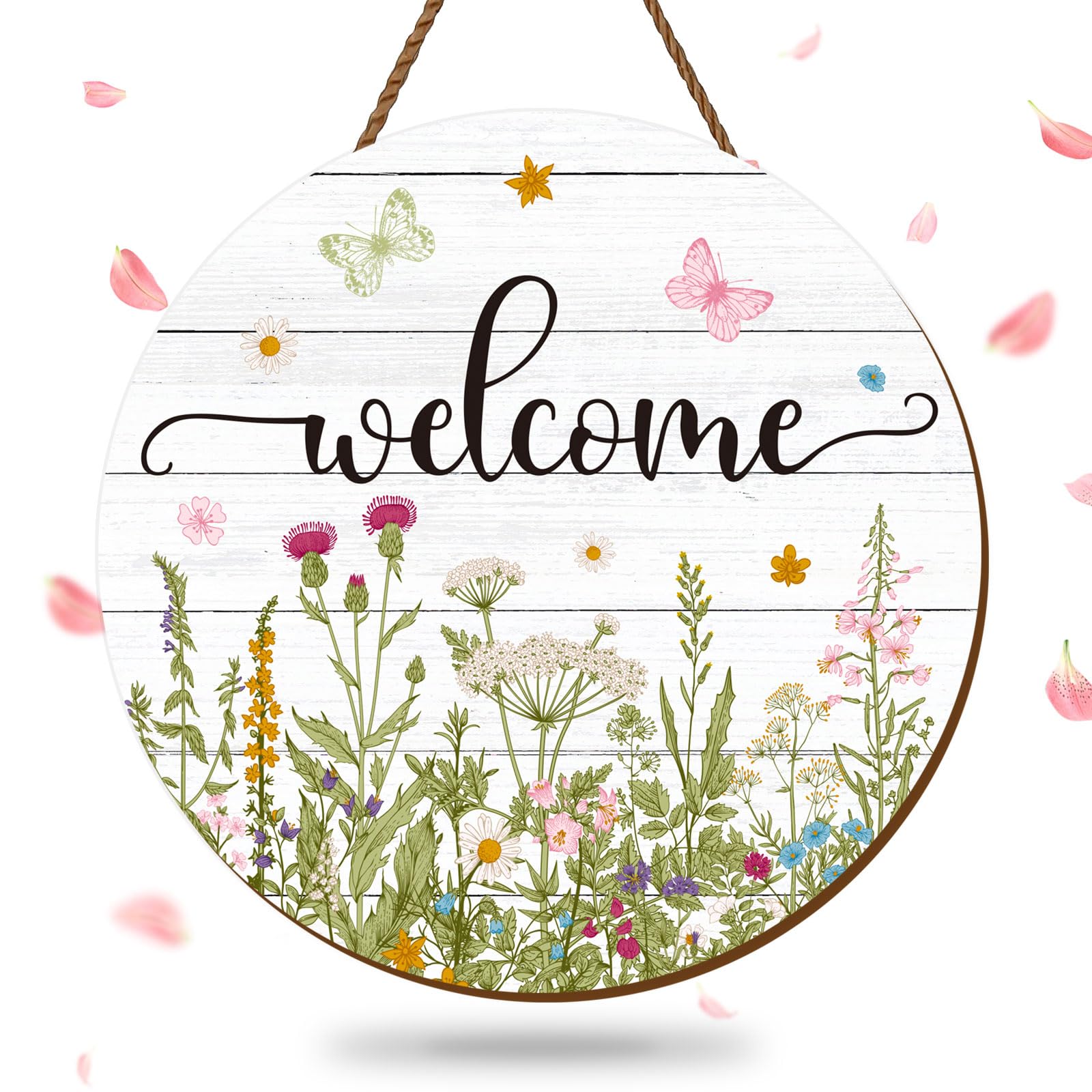 JarThenaAMCS Spring Summer Flower Welcome Door Sign Wildflower Wooden Hanging Sign Floral Butterfly Hanger Sign for Holiday Indoor Outdoor Farmhouse