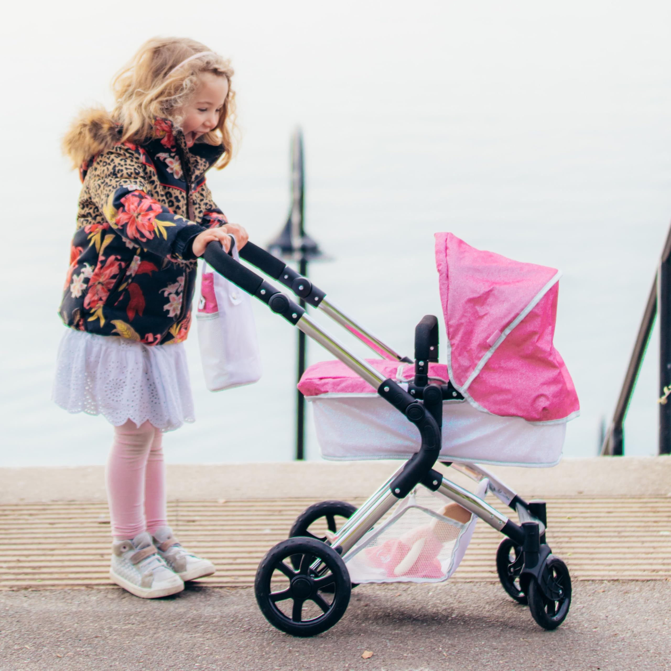 Poussette Roma Stephanie Sparkle pour poupées de 3 à 9 Ans, Poussette Rose 2 en 1 avec siège ou nacelle, Pliable pour poupée de 40 cm, idéale pour Les bébés reborns.