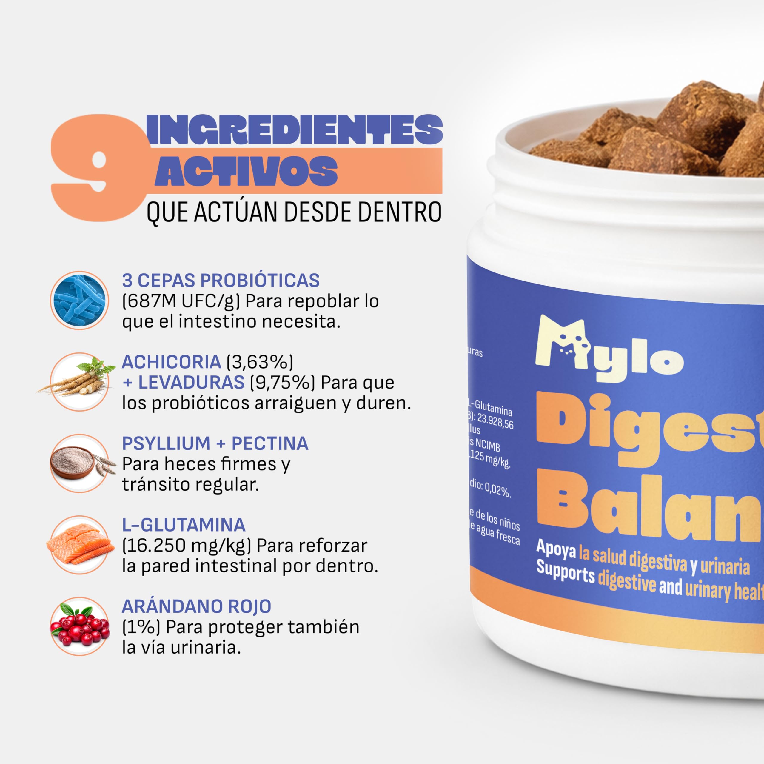 Probióticos Perros Mylo. Heces Firmes y Combate Gases y Diarrea Perros. 3 Cepas Probióticas, Prebióticos y Arándano Rojo. para Perros con Estómago Sensible. 60 Uds