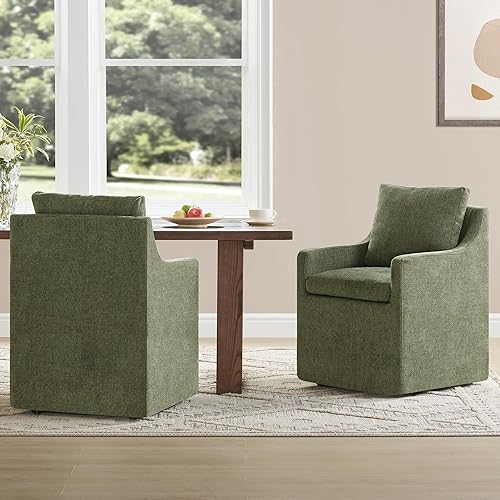 Miniatura 19 de Sillas de comedor tapizadas con ruedas, cubierta lavable, silla de escritorio lateral con rodillos para comedor, sala de estar, beige crema, 1 caja