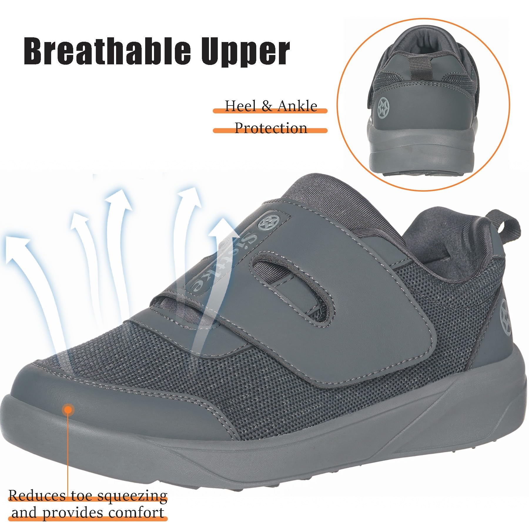 Sisttke Zapatos para diabéticos para hombre, puntera ancha, zapatos para caminar para ancianos hinchados, edema, neuropatía y alivio del dolor de pies