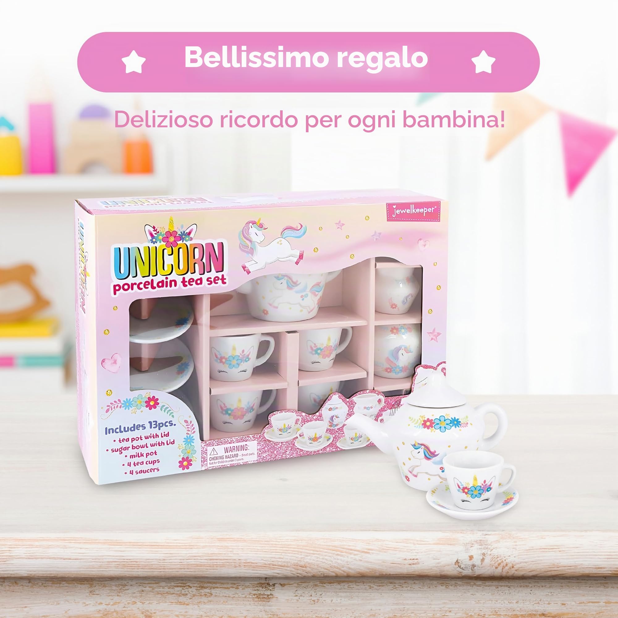 Jewelkeeper Set da tè in porcellana per bambine - Giocattolo da tè, Tazze da tè in ceramica rosa con scatola rosa - Regalo per bimbi di 3 anni - Design Unicorno, 13 pezzi