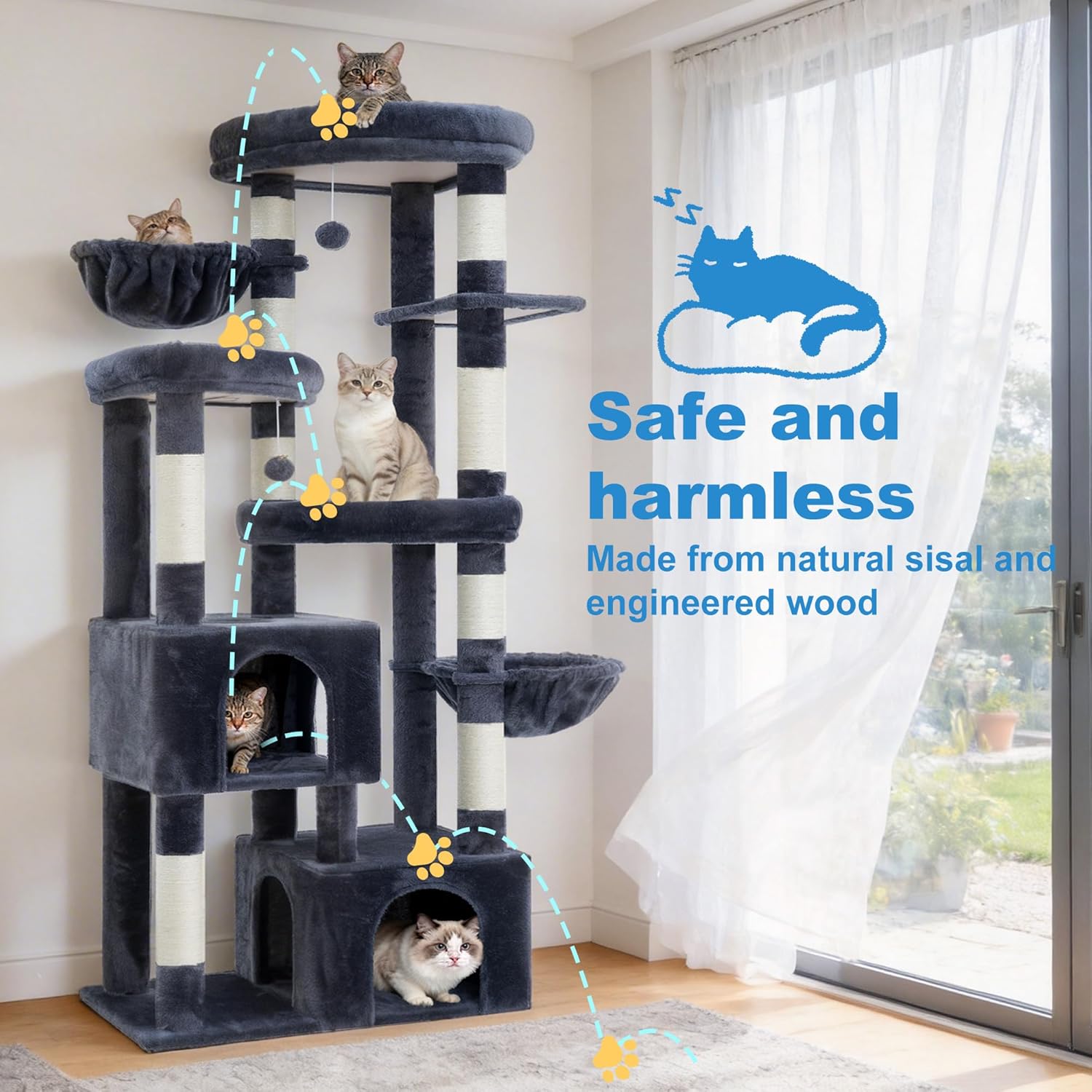 Hey-brother Cat Tree, 67.3 Inches Tower with 3 Soft Platform Beds, 2 Large Condos, 9 Sisal Scratching Posts, 2 Hammocks and Toys, Multi-Level Step House for Multiple Indoor Kittens, Smoky Gray MPJ084G