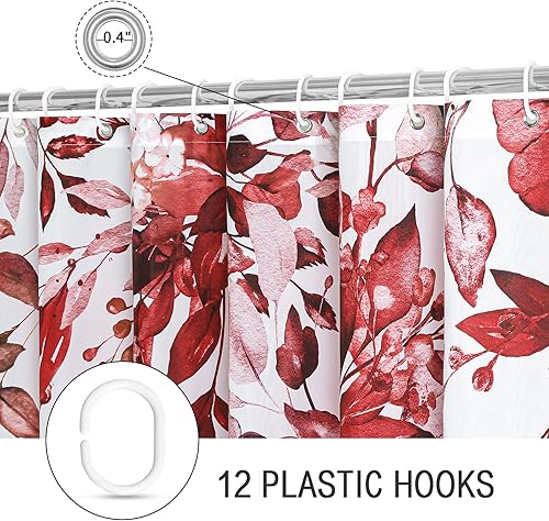 Miniatura 5 de Gibelle Cortina de ducha larga de 72 x 78 pulgadas, cortina de ducha alta con diseño floral rojo burdeos para baño, juego de cortina de ducha de