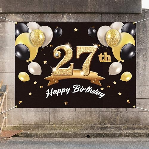 Miniatura 7 de Telón de fondo de pancarta de feliz cumpleaños 27 – Suministros de decoración de fiesta de cumpleaños 27 para hombres y él – Negro dorado 4 x 6 pies