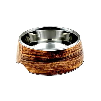Goofy Tails Stainless Steel and Melamine Designer Dog Bowls for Dogs or Cats |Anti-Slip Resistant Rubber Base |Anti Rust & Dishwasher Safe (400ml) (Wooden Print, Brown)